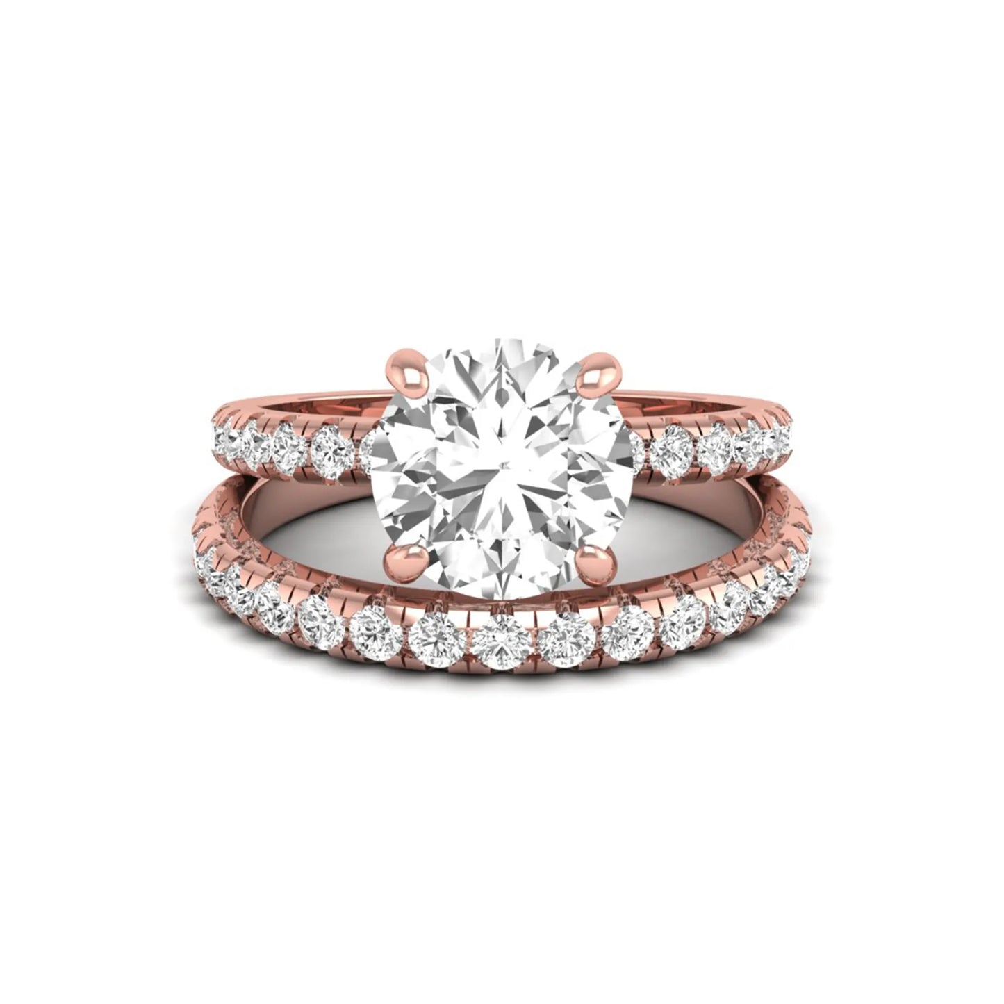 Round cut lab grown diamond solitaire bridal ring set featuring pavé diamond bands in a rose gold tone design.
