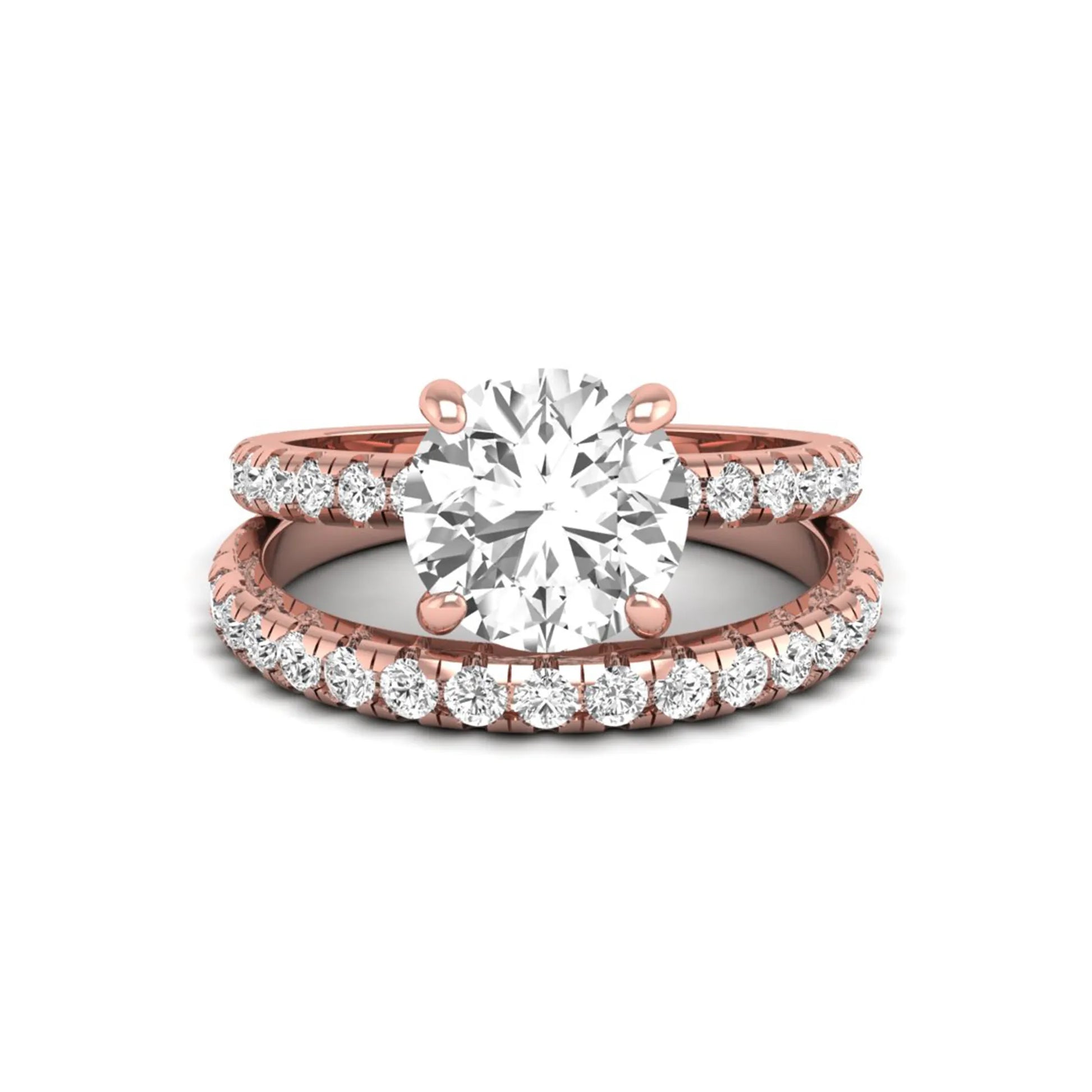 Round cut lab grown diamond solitaire bridal ring set featuring pavé diamond bands in a rose gold tone design.