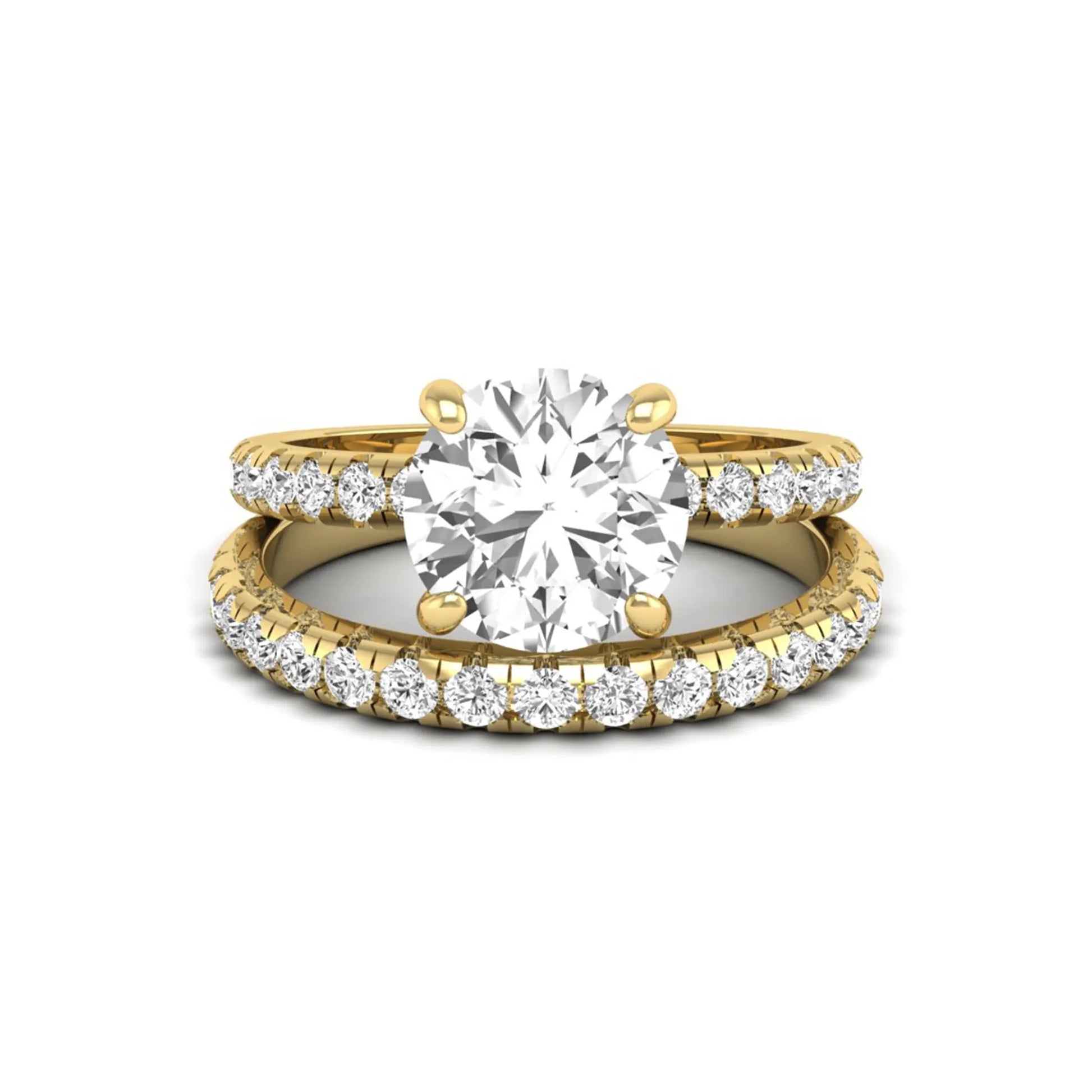 Round cut lab grown diamond solitaire bridal ring set featuring pavé diamond bands in a yellow gold tone design.