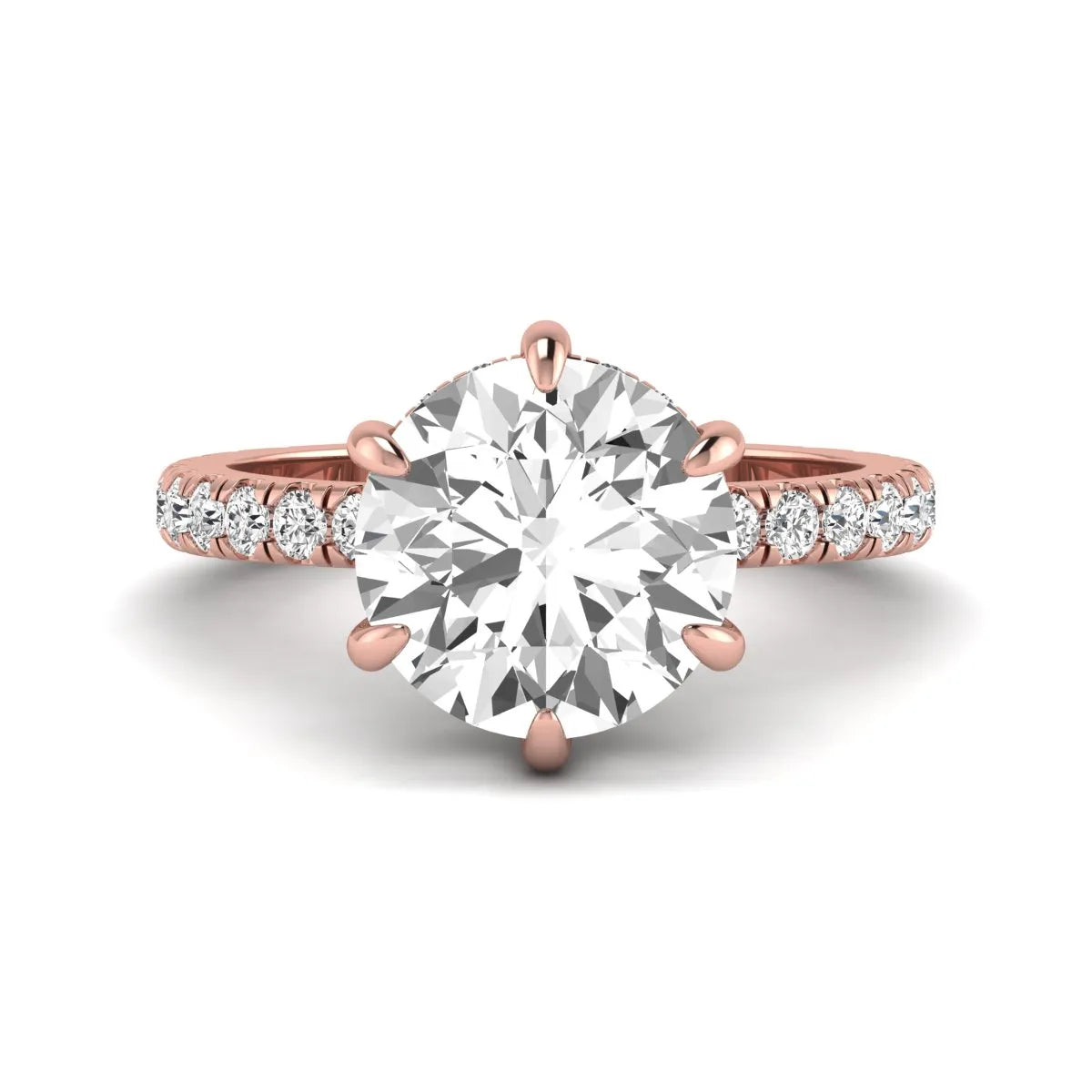 Round cut lab grown diamond solitaire engagement ring with pavé diamond band in rose gold design.