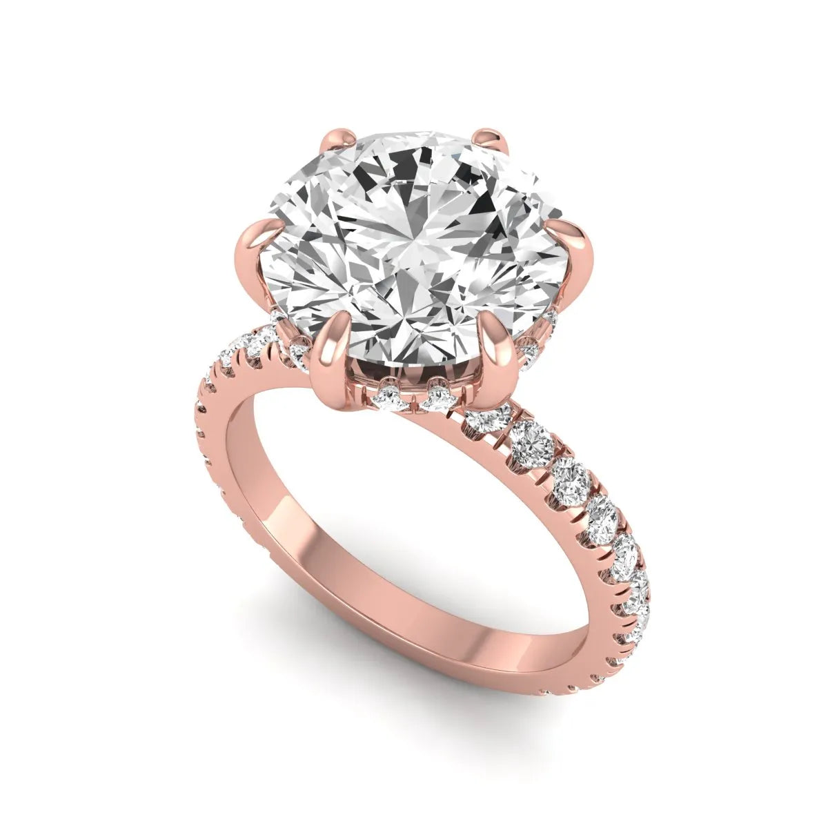 Round cut lab grown diamond solitaire engagement ring with pavé diamond band in rose gold design.