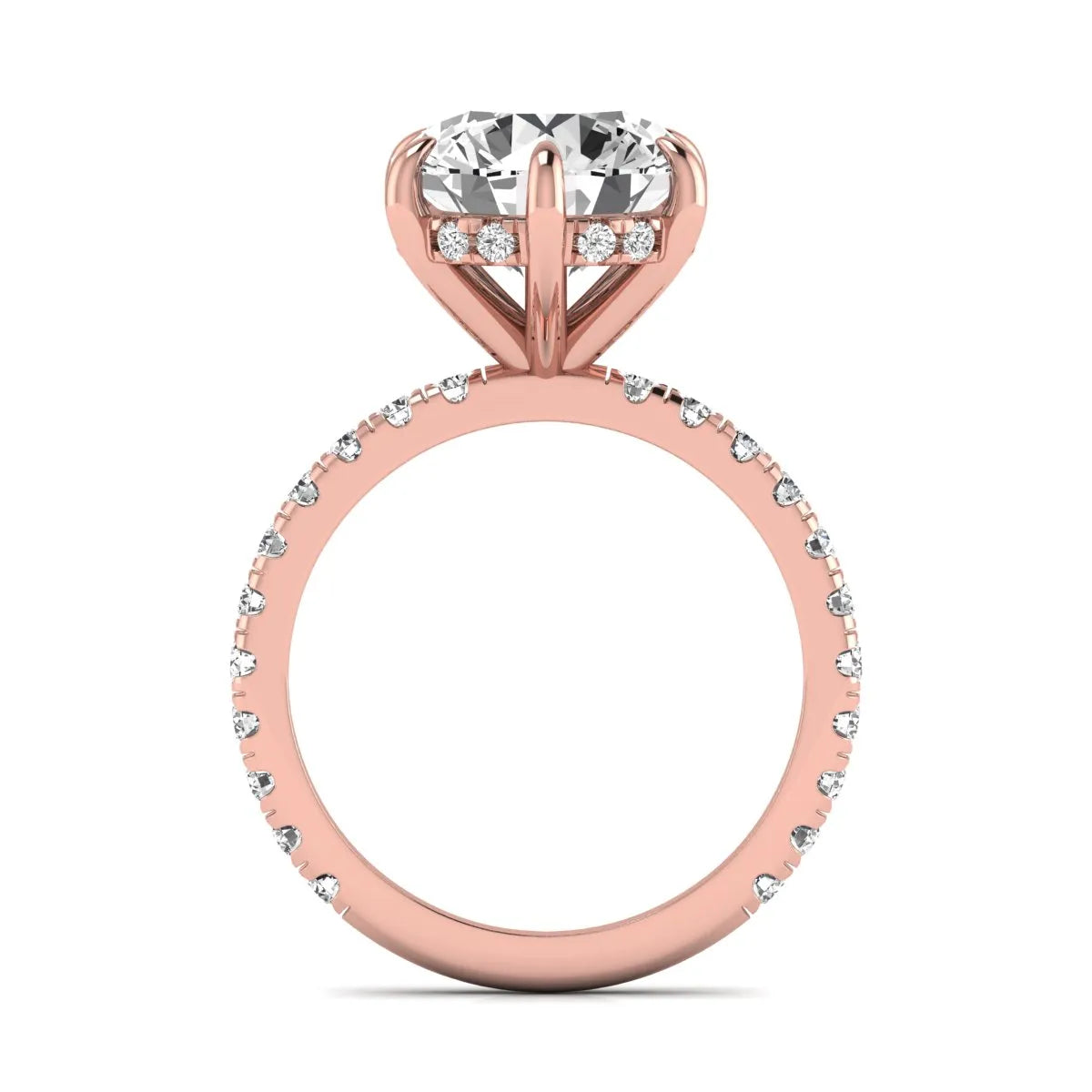 Round cut lab grown diamond solitaire engagement ring with pavé diamond band in rose gold design.