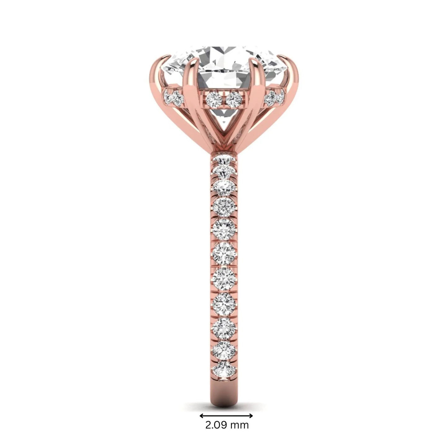 Round cut lab grown diamond solitaire engagement ring with pavé diamond band in rose gold design.