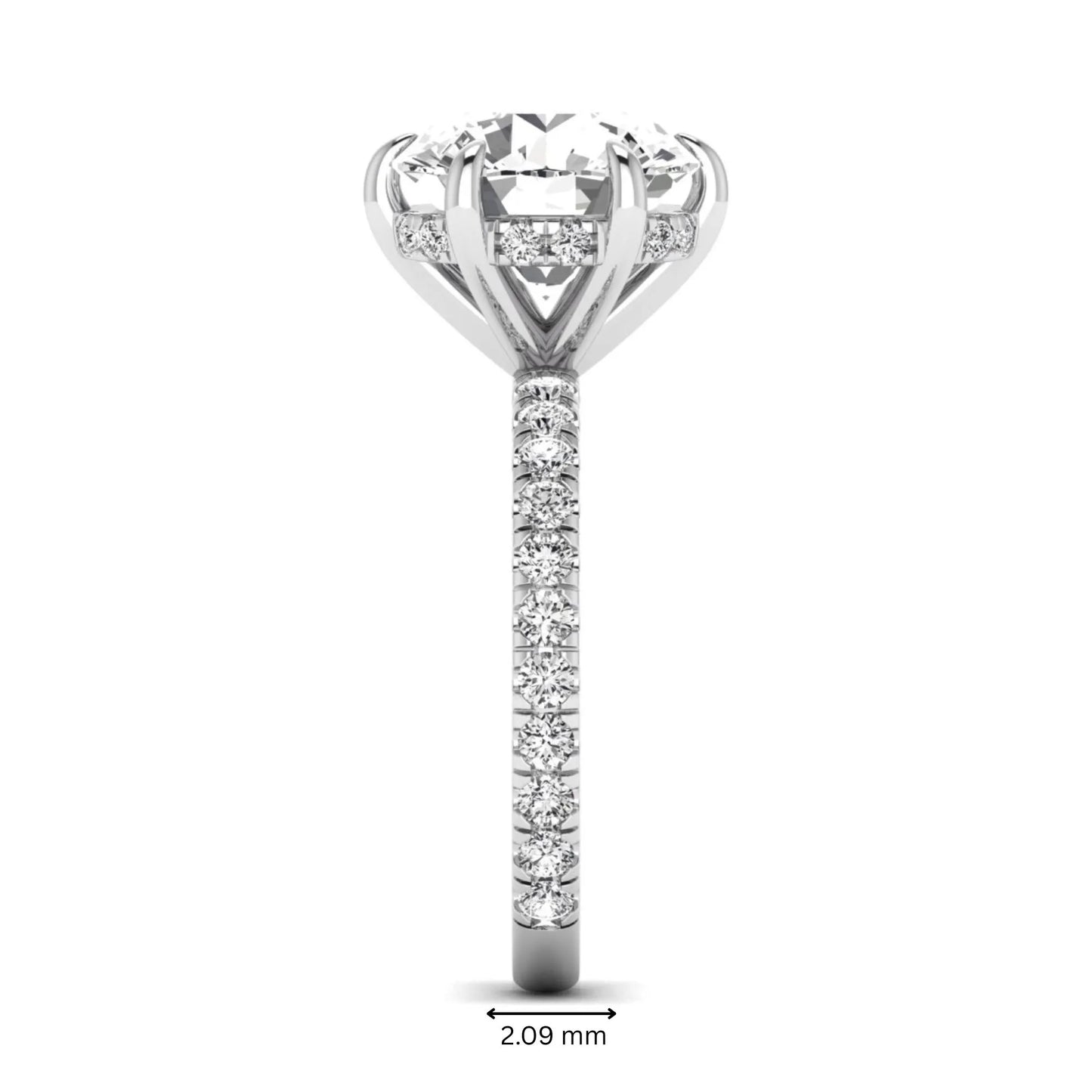 Round cut lab grown diamond solitaire engagement ring with pavé diamond band in white gold design.