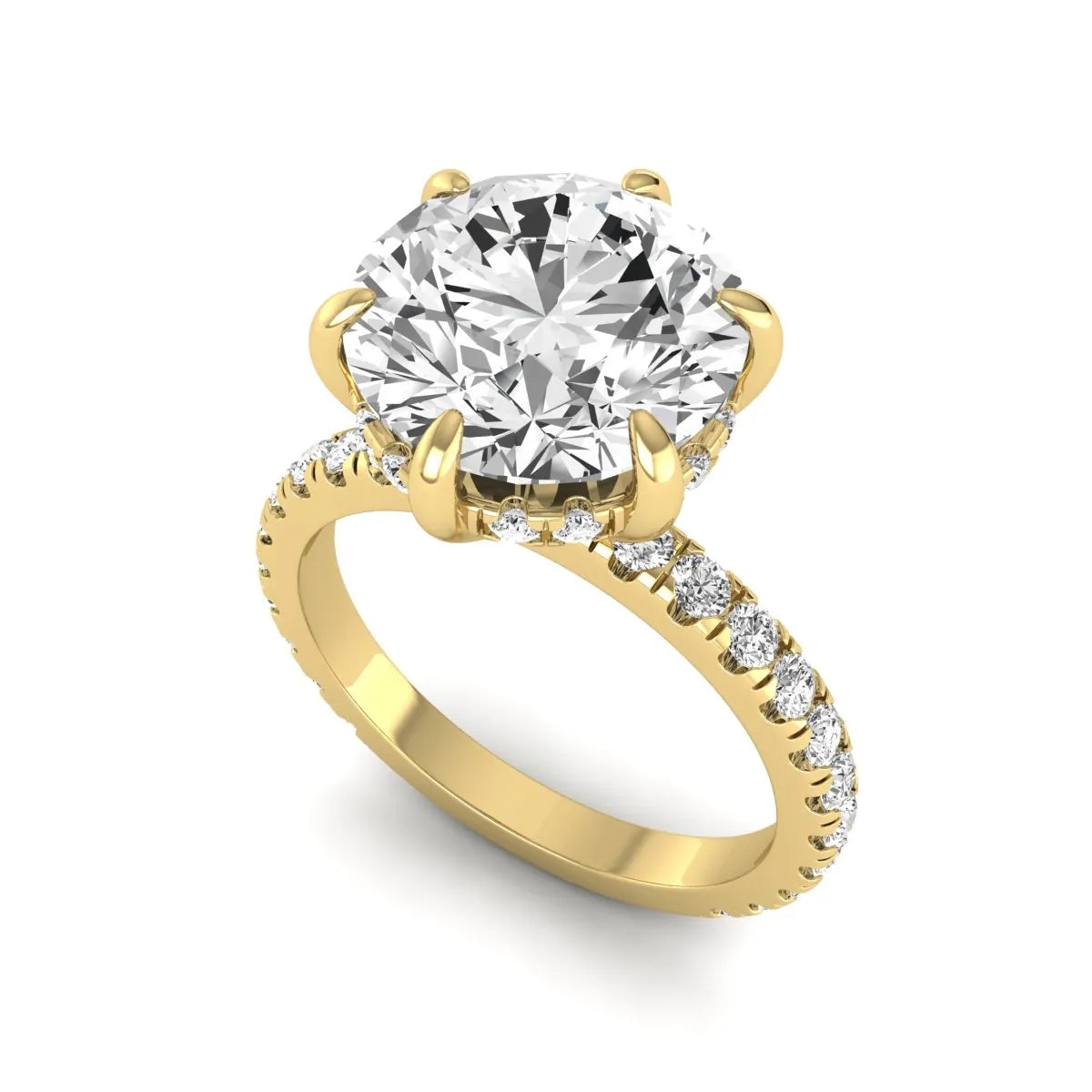 Round cut lab grown diamond solitaire engagement ring with pavé diamond band in yellow gold design.