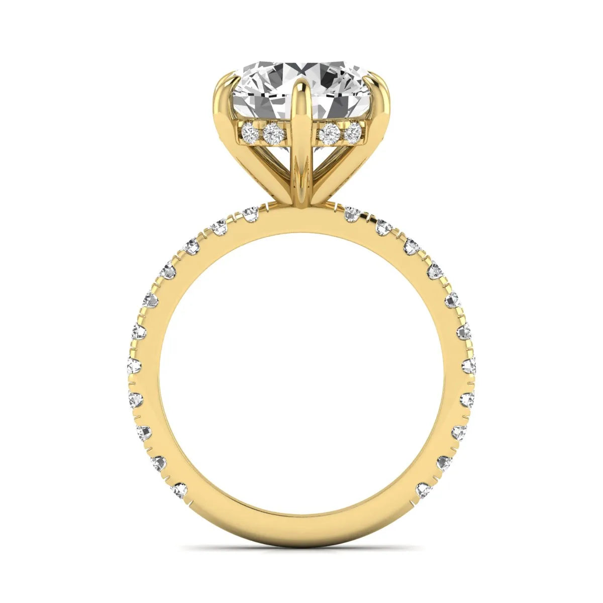 Round cut lab grown diamond solitaire engagement ring with pavé diamond band in yellow gold design.