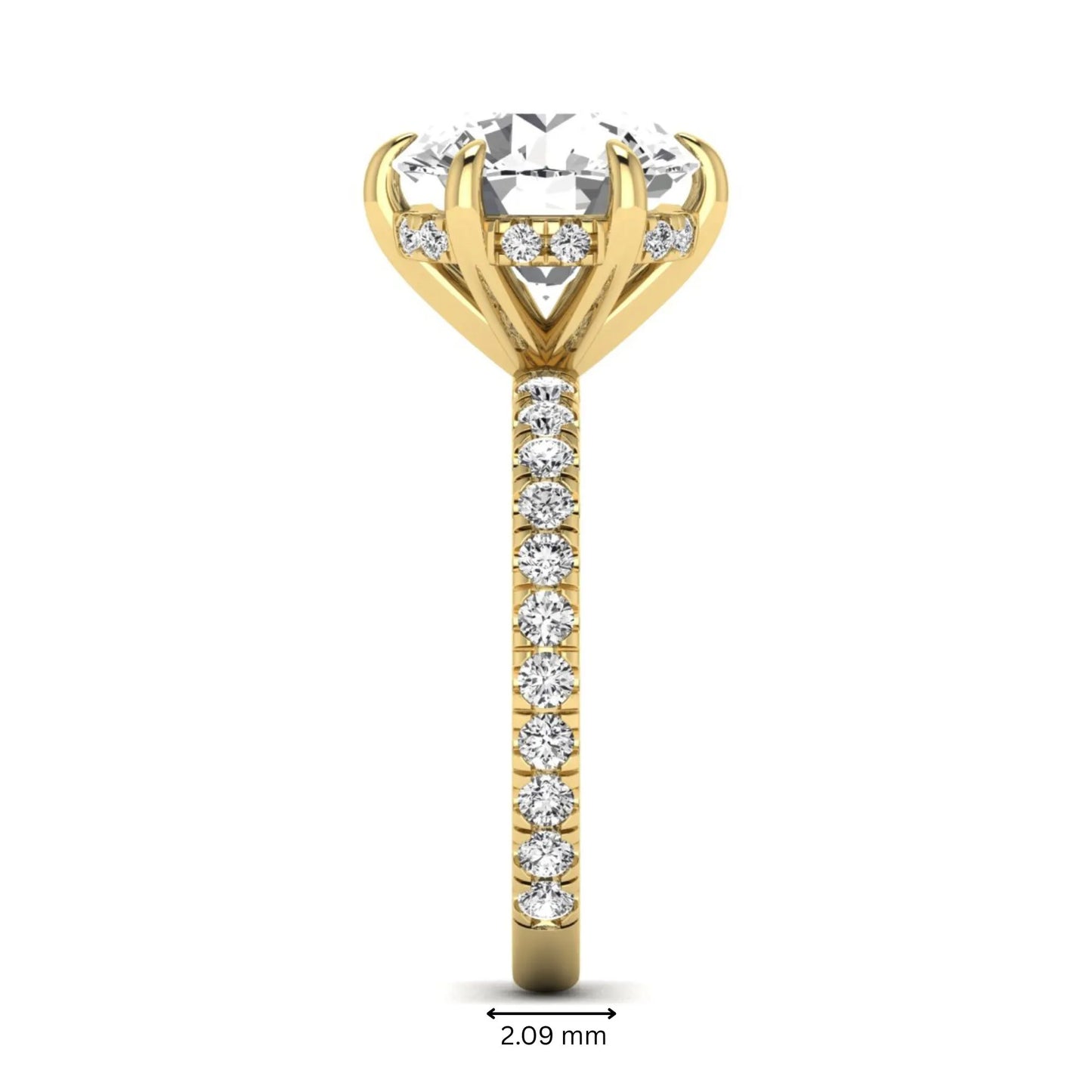 Round cut lab grown diamond solitaire engagement ring with pavé diamond band in yellow gold design.