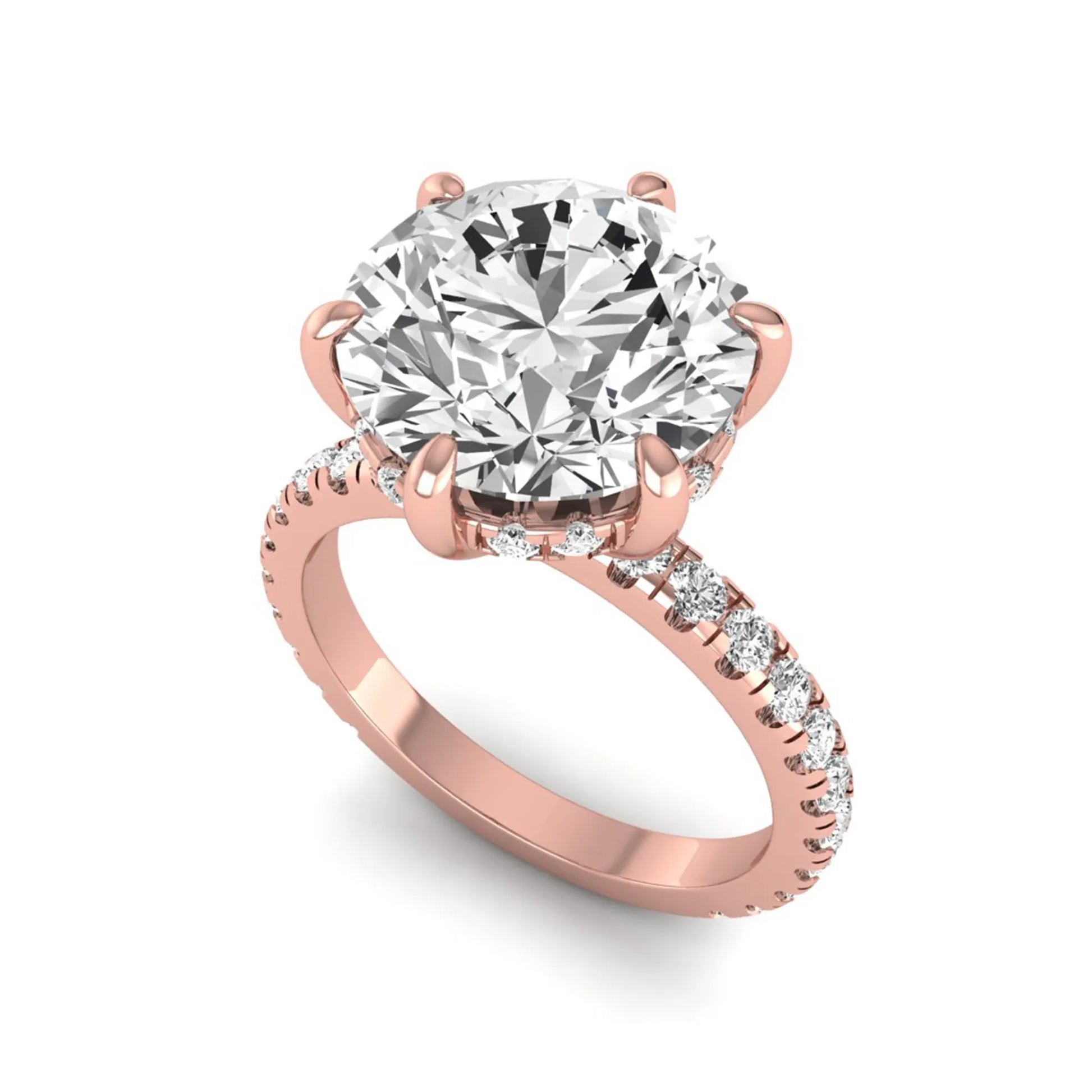 Round cut lab grown diamond solitaire engagement ring with pavé diamond band in rose gold design.