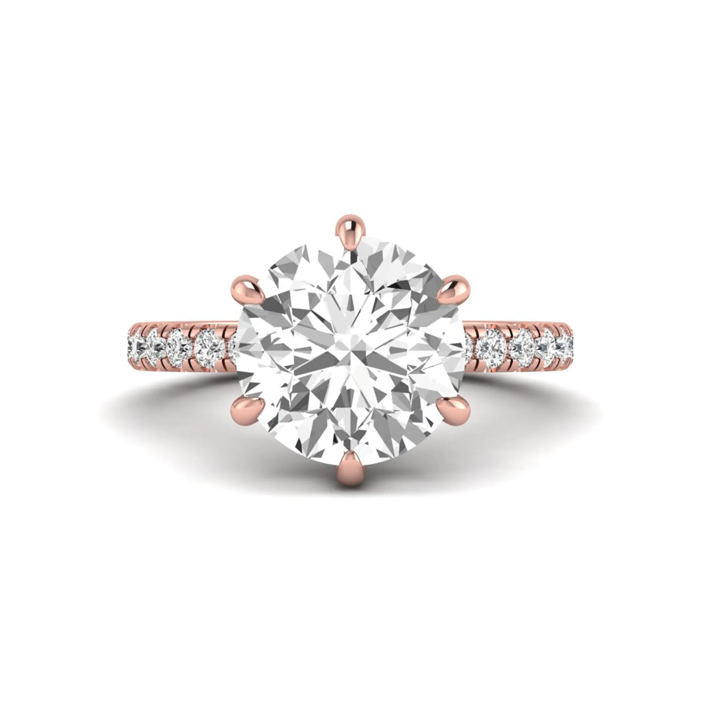 Round cut lab grown diamond solitaire engagement ring with pavé diamond band in rose gold design.