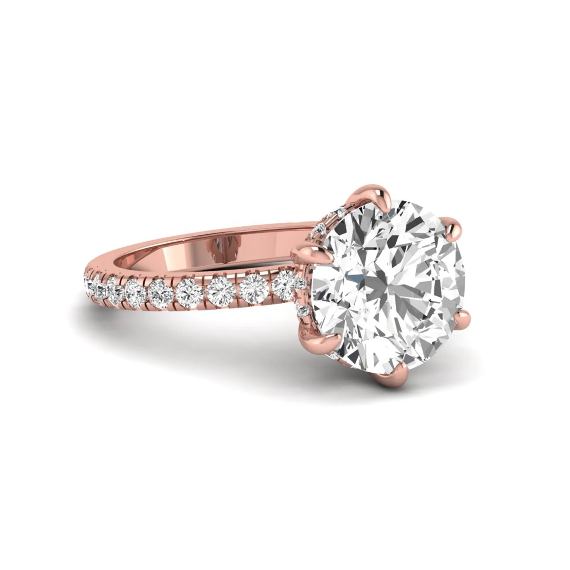 Round cut lab grown diamond solitaire engagement ring with pavé diamond band in rose gold design.