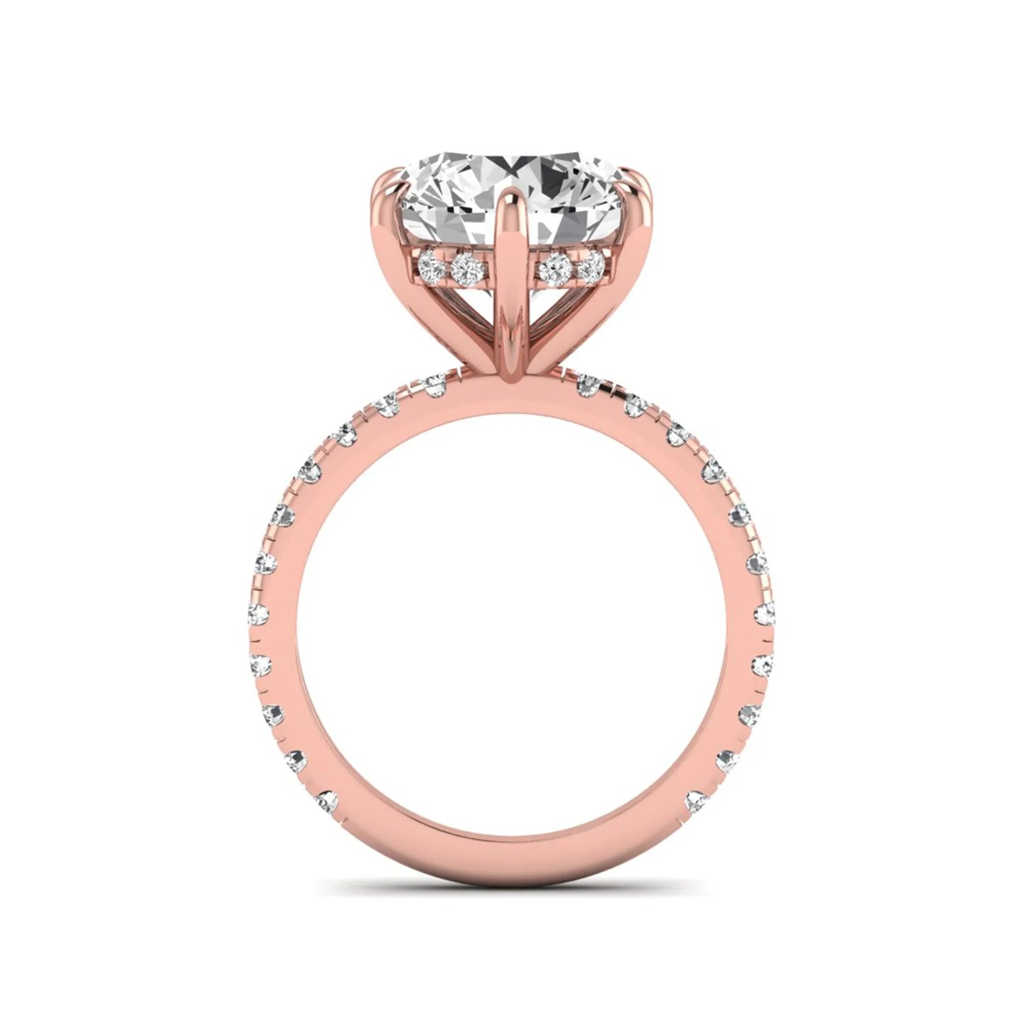 Round cut lab grown diamond solitaire engagement ring with pavé diamond band in rose gold design.