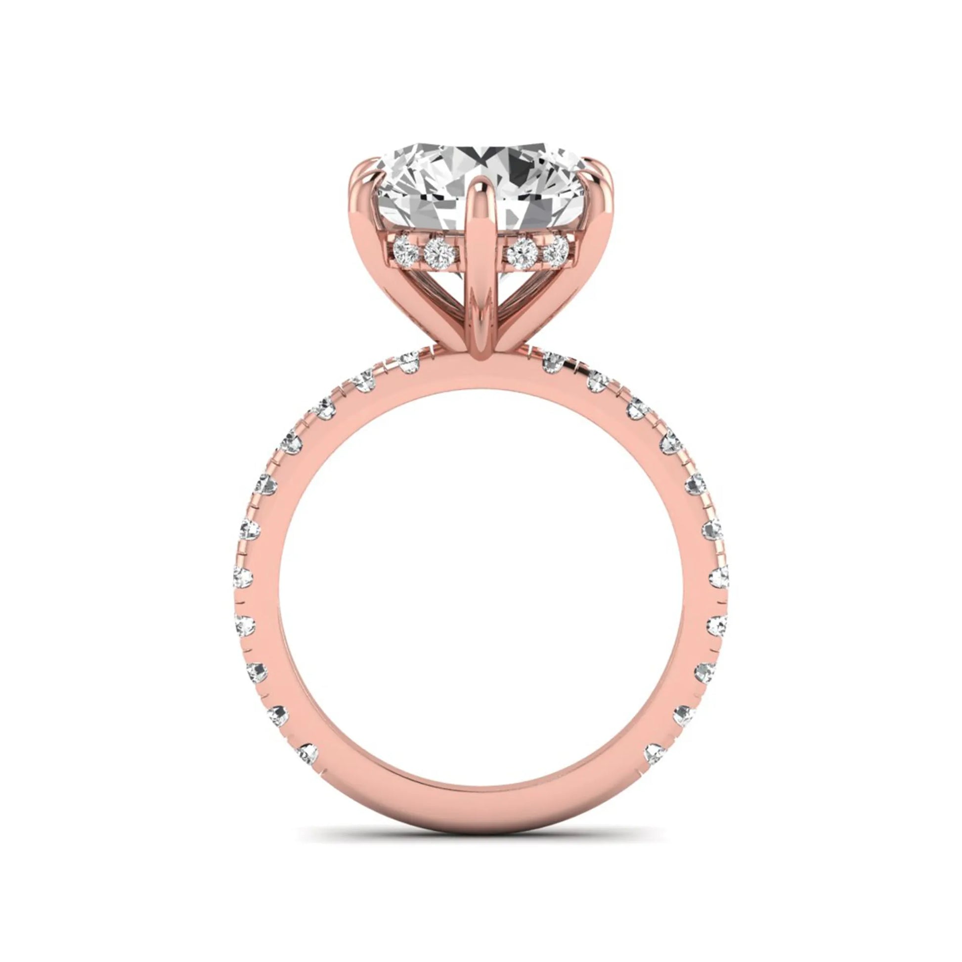 Round cut lab grown diamond solitaire engagement ring with pavé diamond band in rose gold design.
