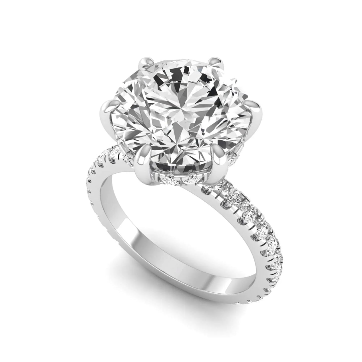 Round cut lab grown diamond solitaire engagement ring with pavé diamond band in white gold design.
