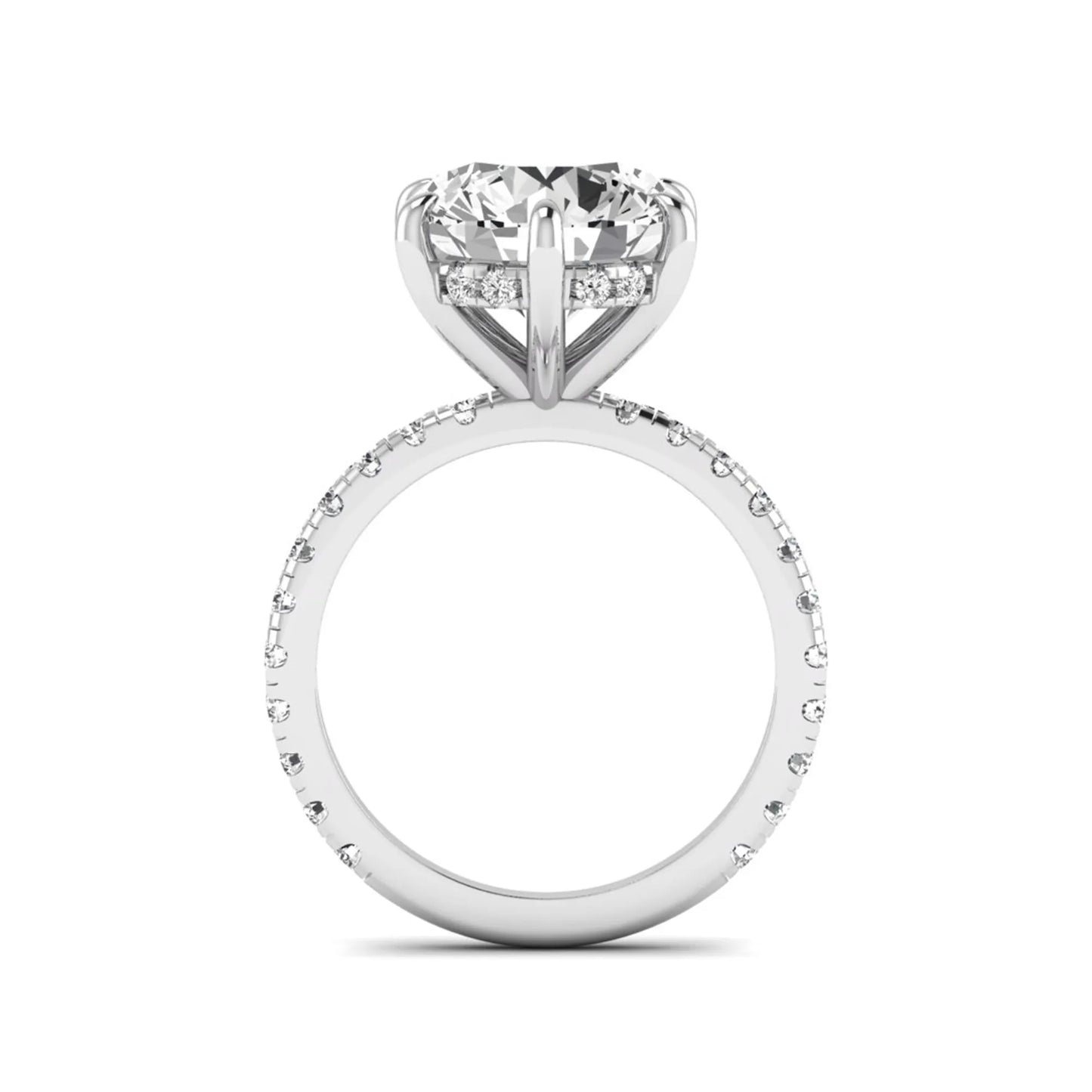 Round cut lab grown diamond solitaire engagement ring with pavé diamond band in white gold design.
