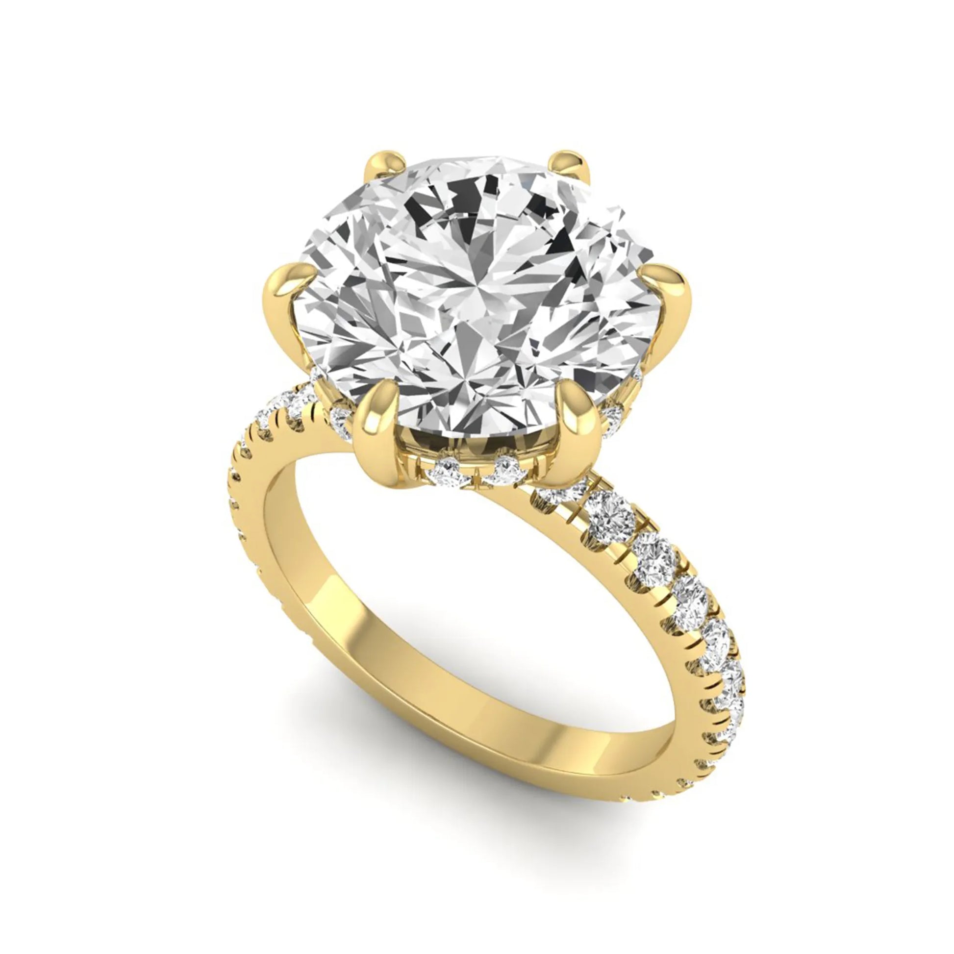 Round cut lab grown diamond solitaire engagement ring with pavé diamond band in yellow gold design.