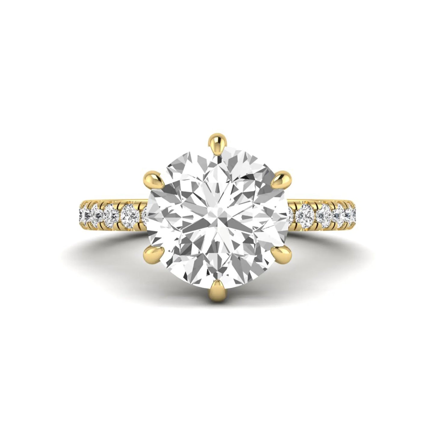 Round cut lab grown diamond solitaire engagement ring with pavé diamond band in yellow gold design.
