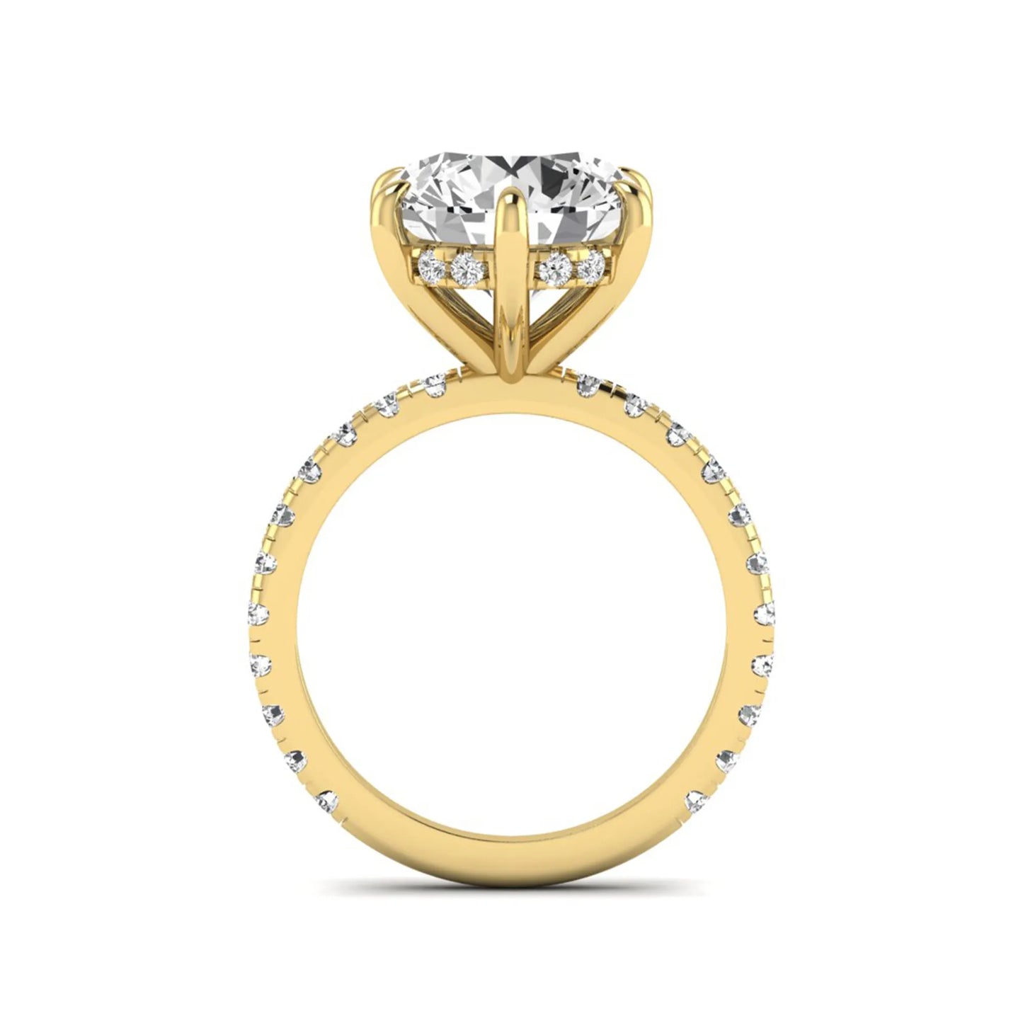Round cut lab grown diamond solitaire engagement ring with pavé diamond band in yellow gold design.