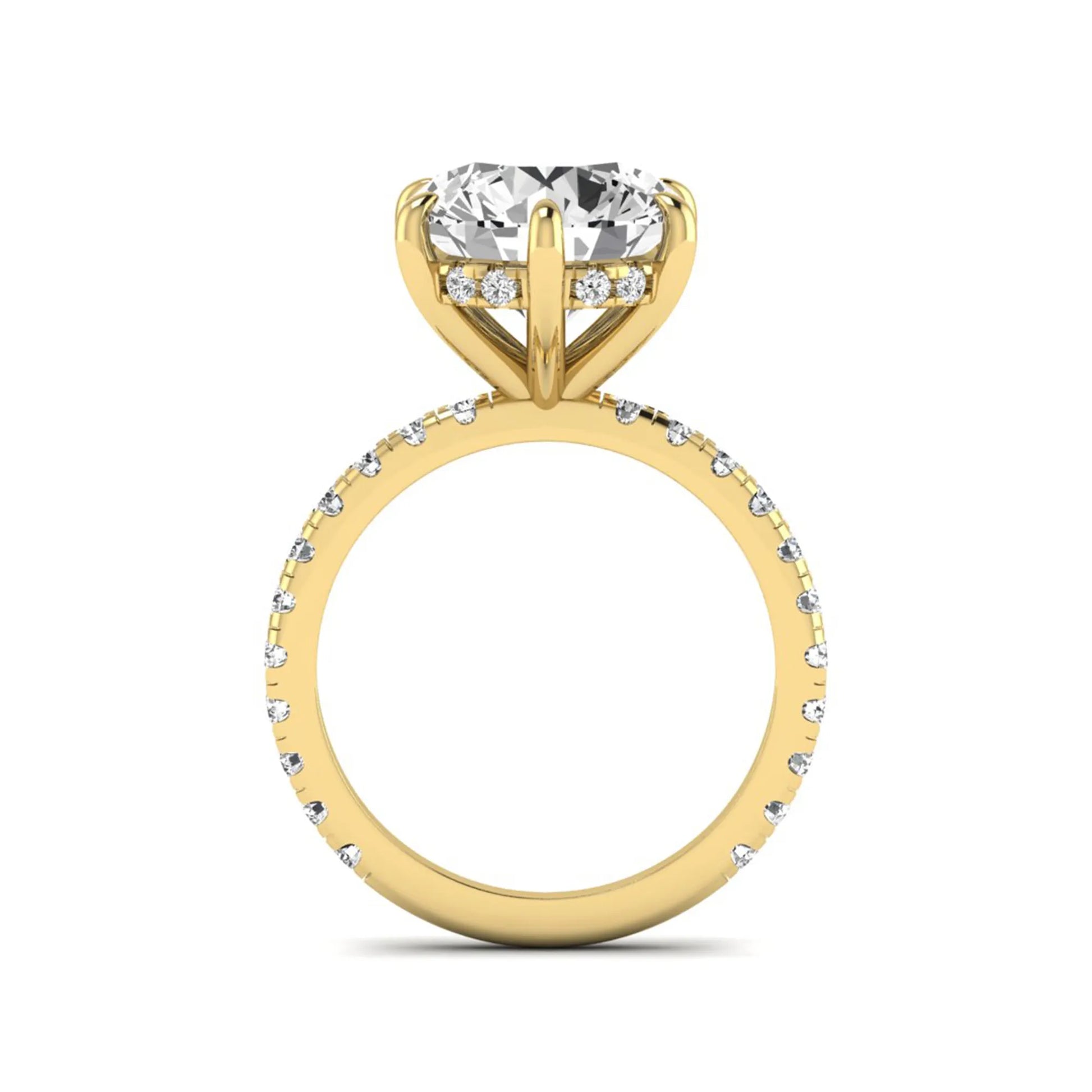 Round cut lab grown diamond solitaire engagement ring with pavé diamond band in yellow gold design.