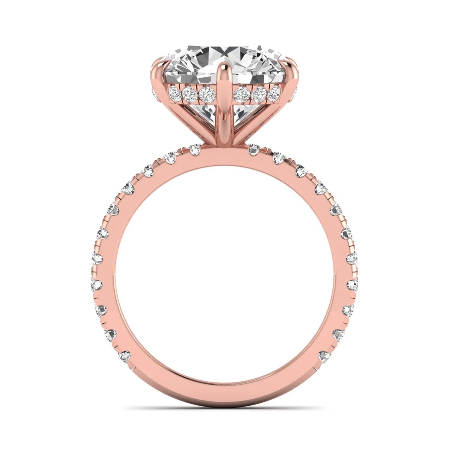 Round cut lab grown diamond solitaire engagement ring with pavé diamond band in rose gold design.
