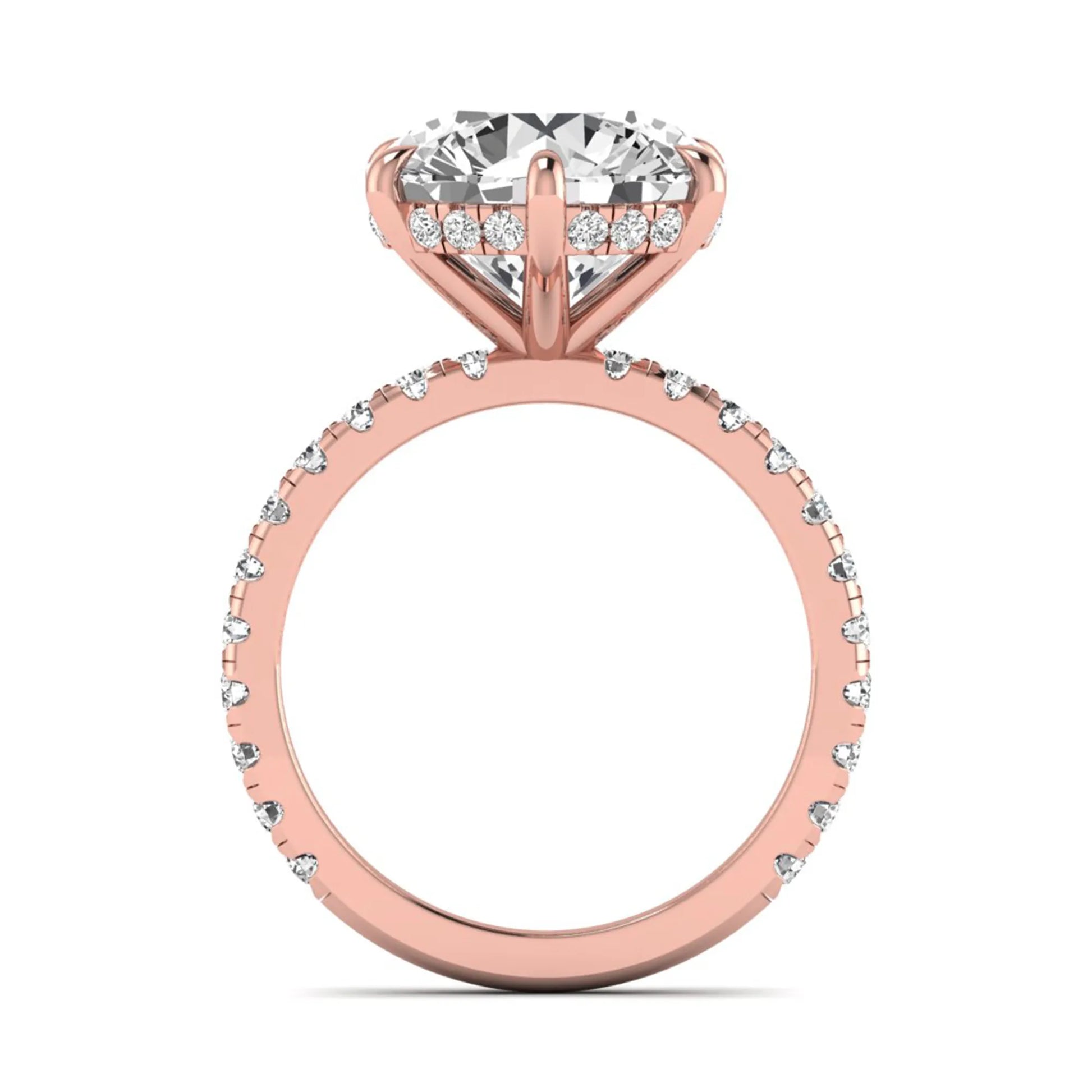 Round cut lab grown diamond solitaire engagement ring with pavé diamond band in rose gold design.