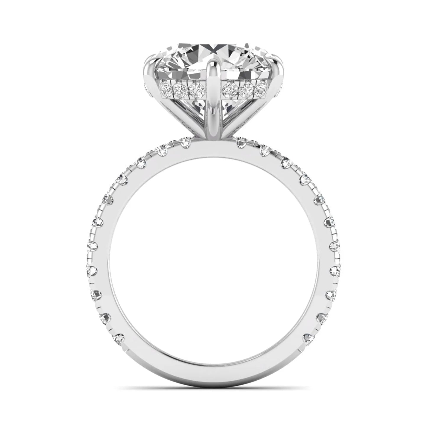 Round cut lab grown diamond solitaire engagement ring with pavé diamond band in white gold design.