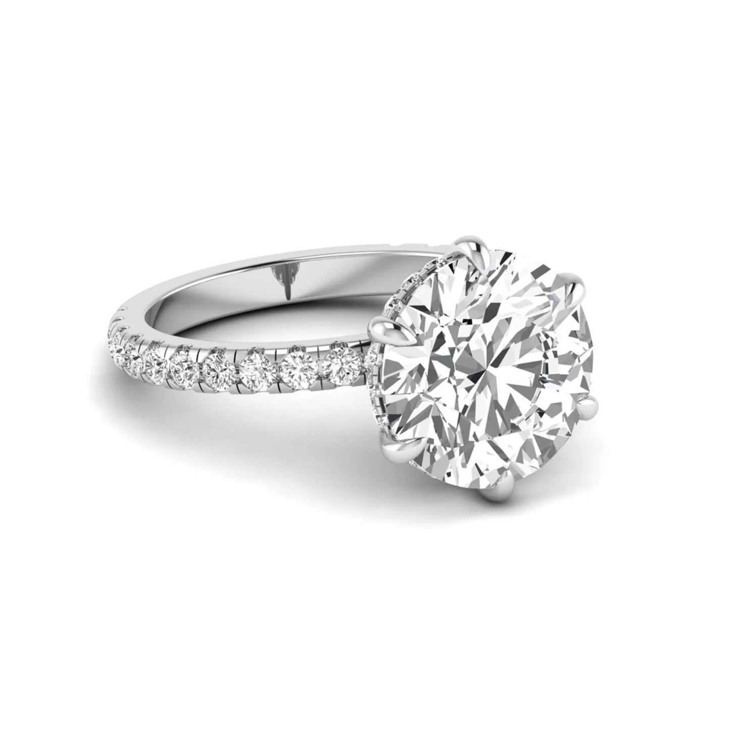 Round cut lab grown diamond solitaire engagement ring with pavé diamond band in white gold design.
