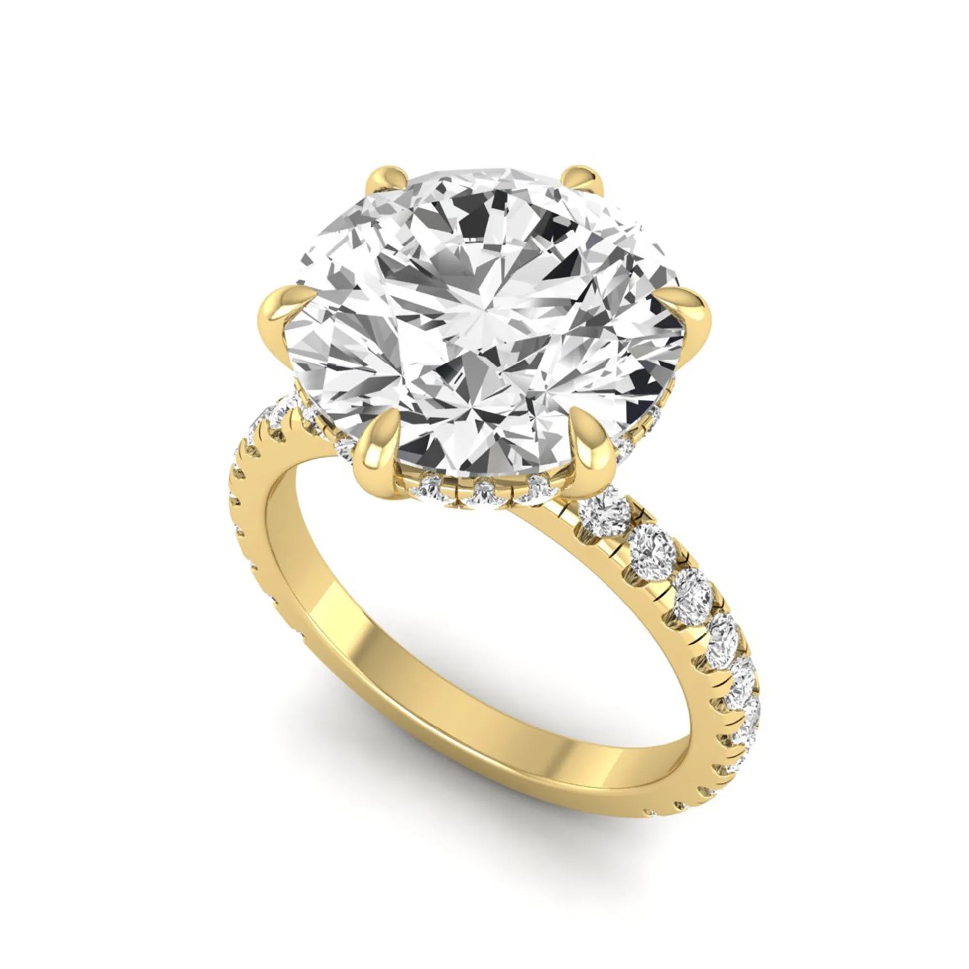 Round cut lab grown diamond solitaire engagement ring with pavé diamond band in yellow gold design.