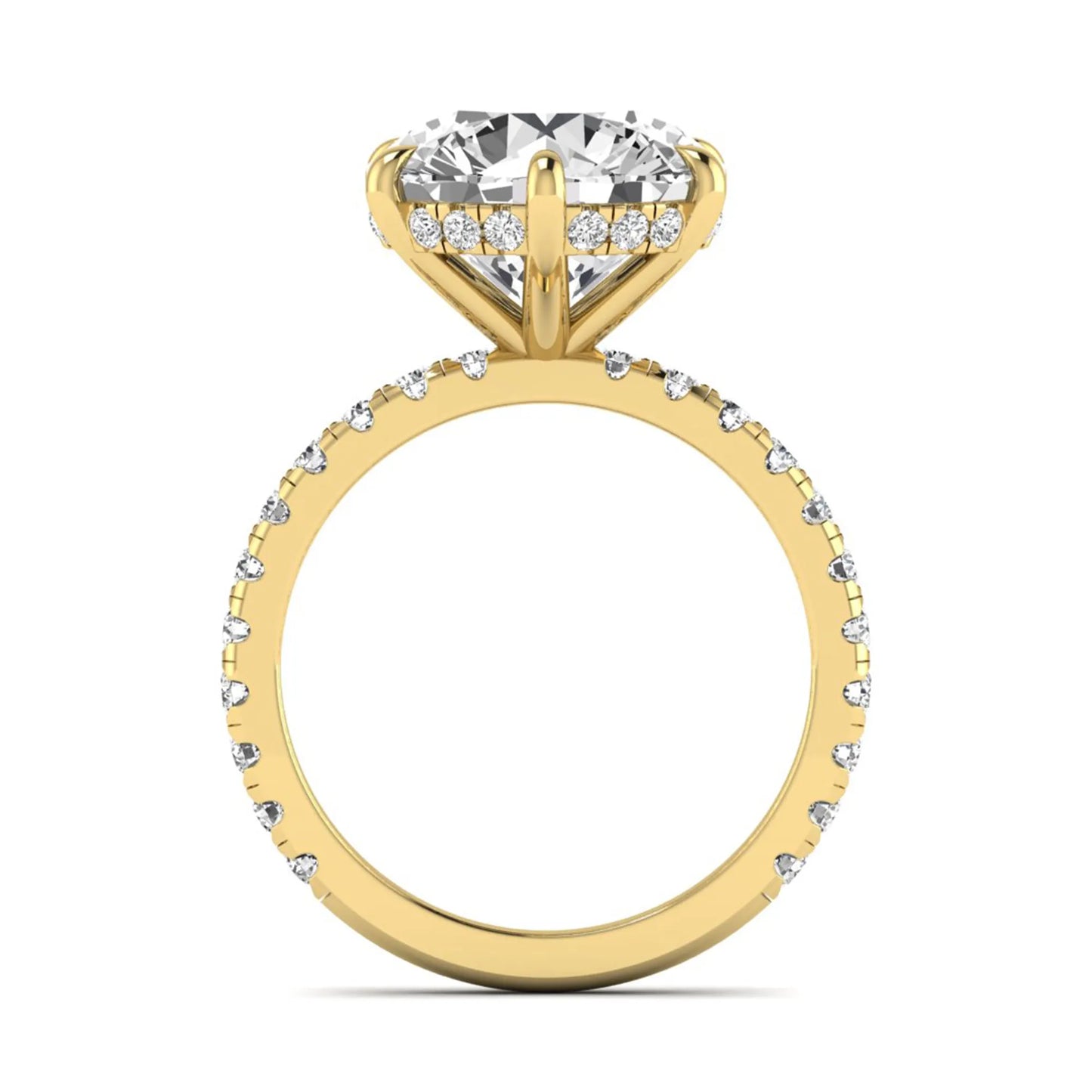 Round cut lab grown diamond solitaire engagement ring with pavé diamond band in yellow gold design.