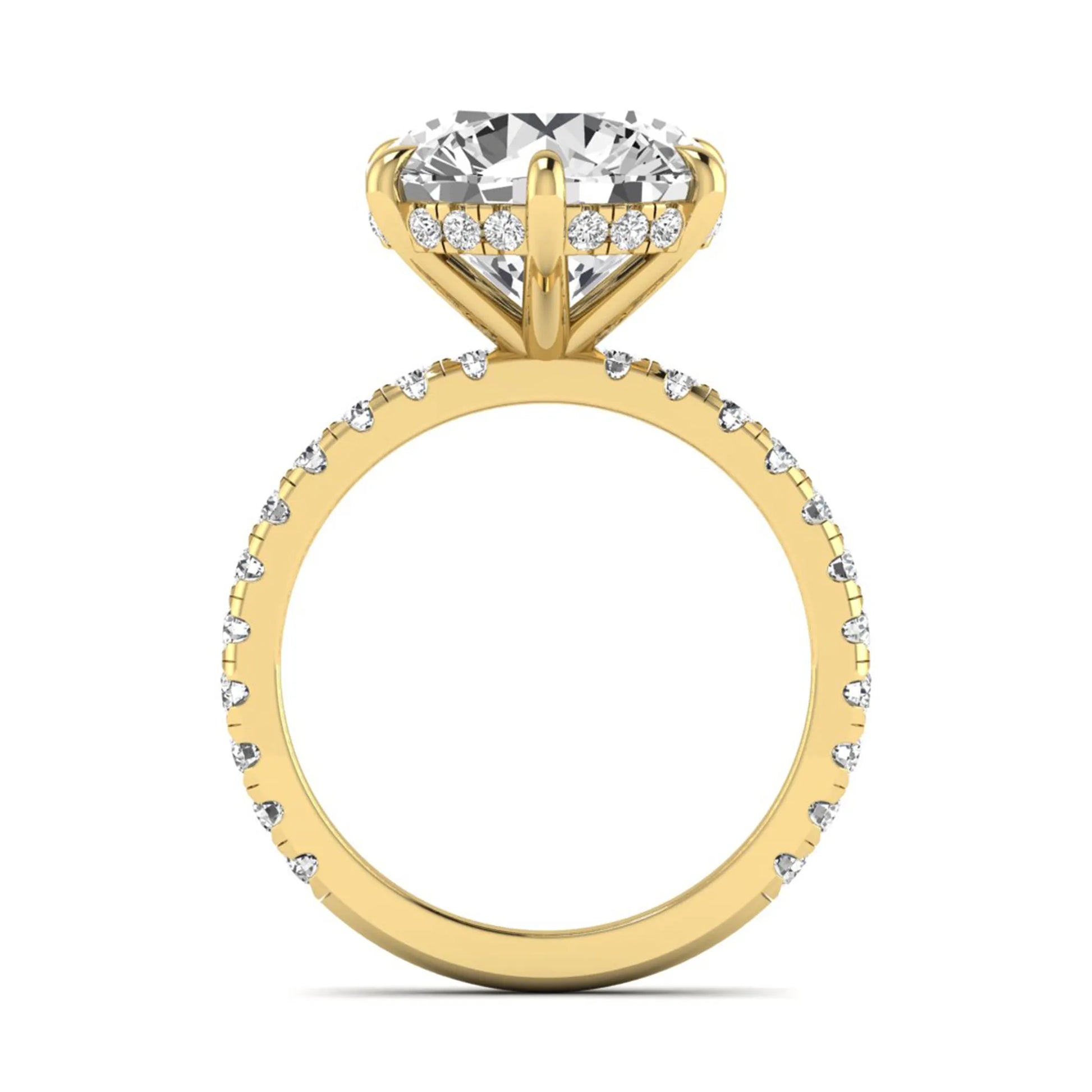 Round cut lab grown diamond solitaire engagement ring with pavé diamond band in yellow gold design.