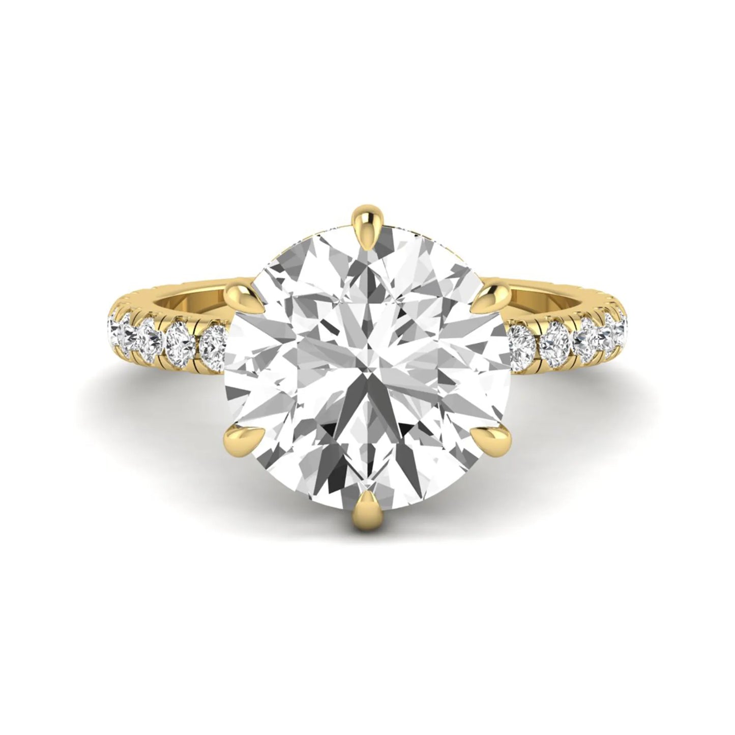 Round cut lab grown diamond solitaire engagement ring with pavé diamond band in yellow gold design.