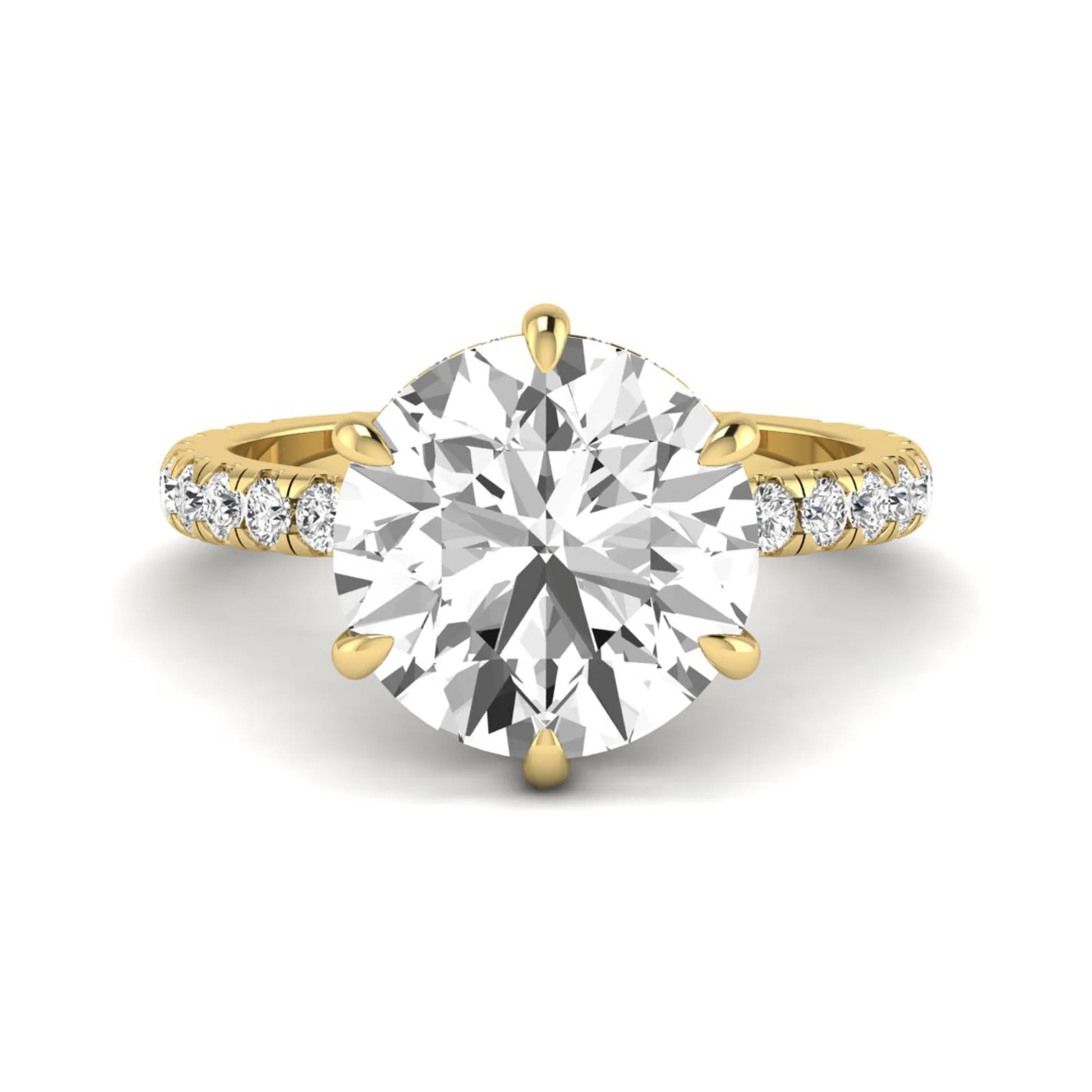 Round cut lab grown diamond solitaire engagement ring with pavé diamond band in yellow gold design.