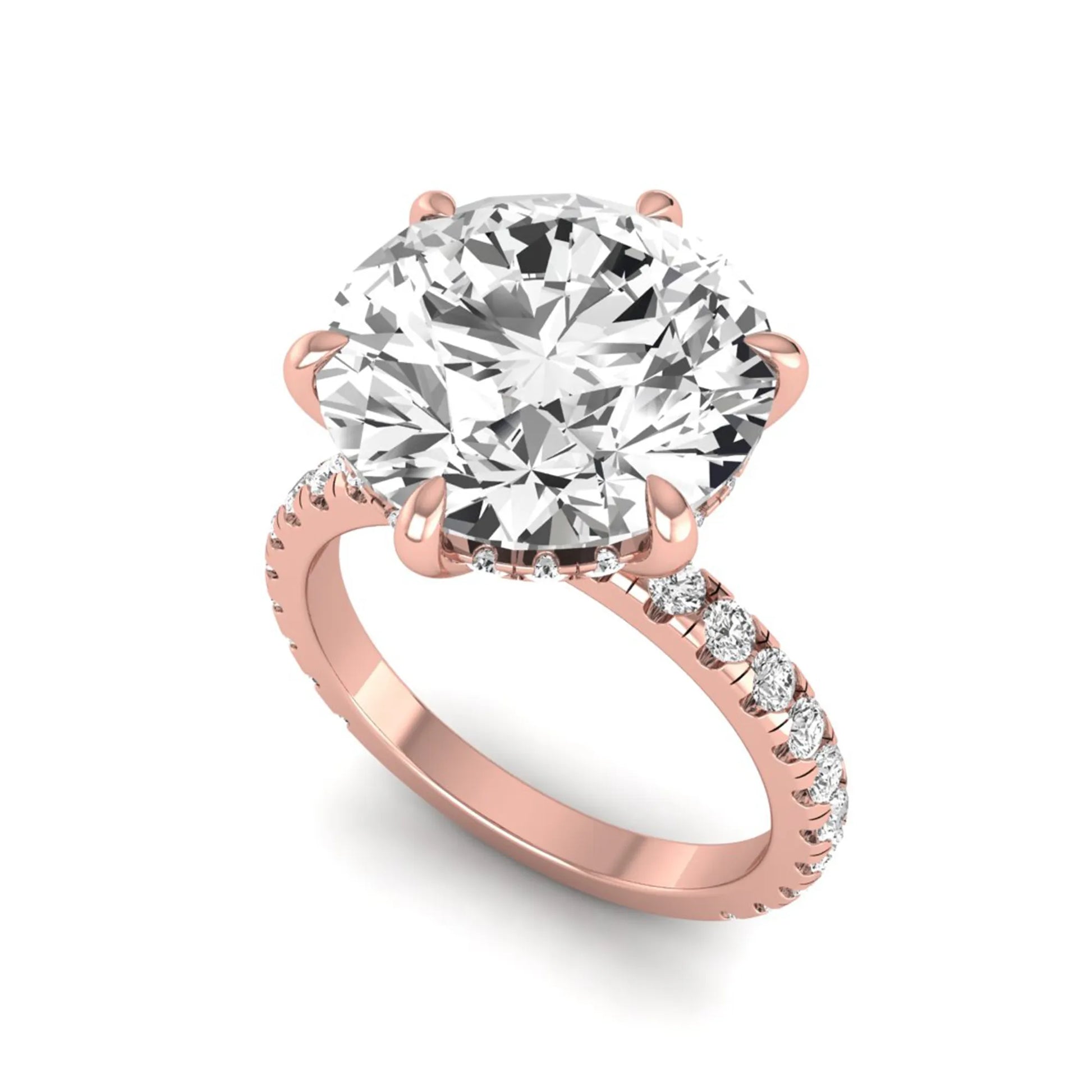 Round cut lab grown diamond solitaire engagement ring with pavé diamond band in rose gold design.