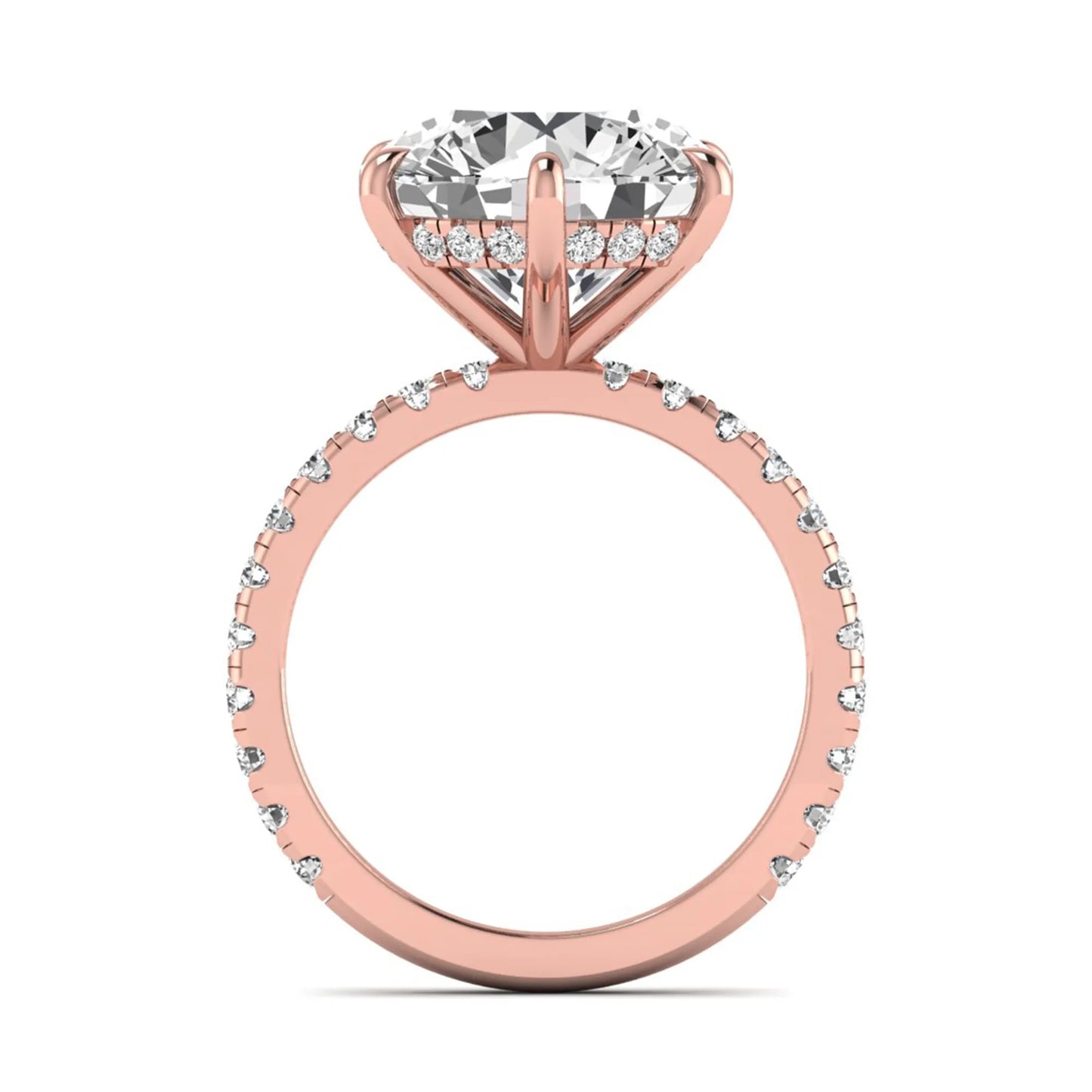 Round cut lab grown diamond solitaire engagement ring with pavé diamond band in rose gold design.