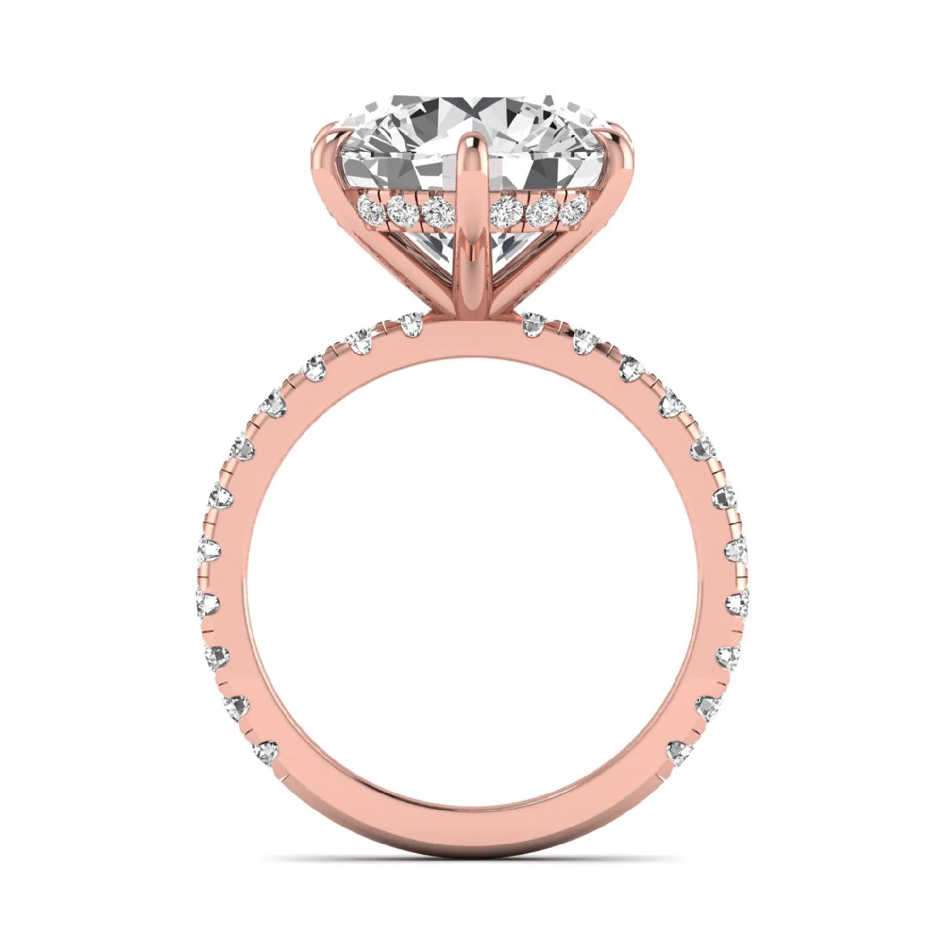 Round cut lab grown diamond solitaire engagement ring with pavé diamond band in rose gold design.