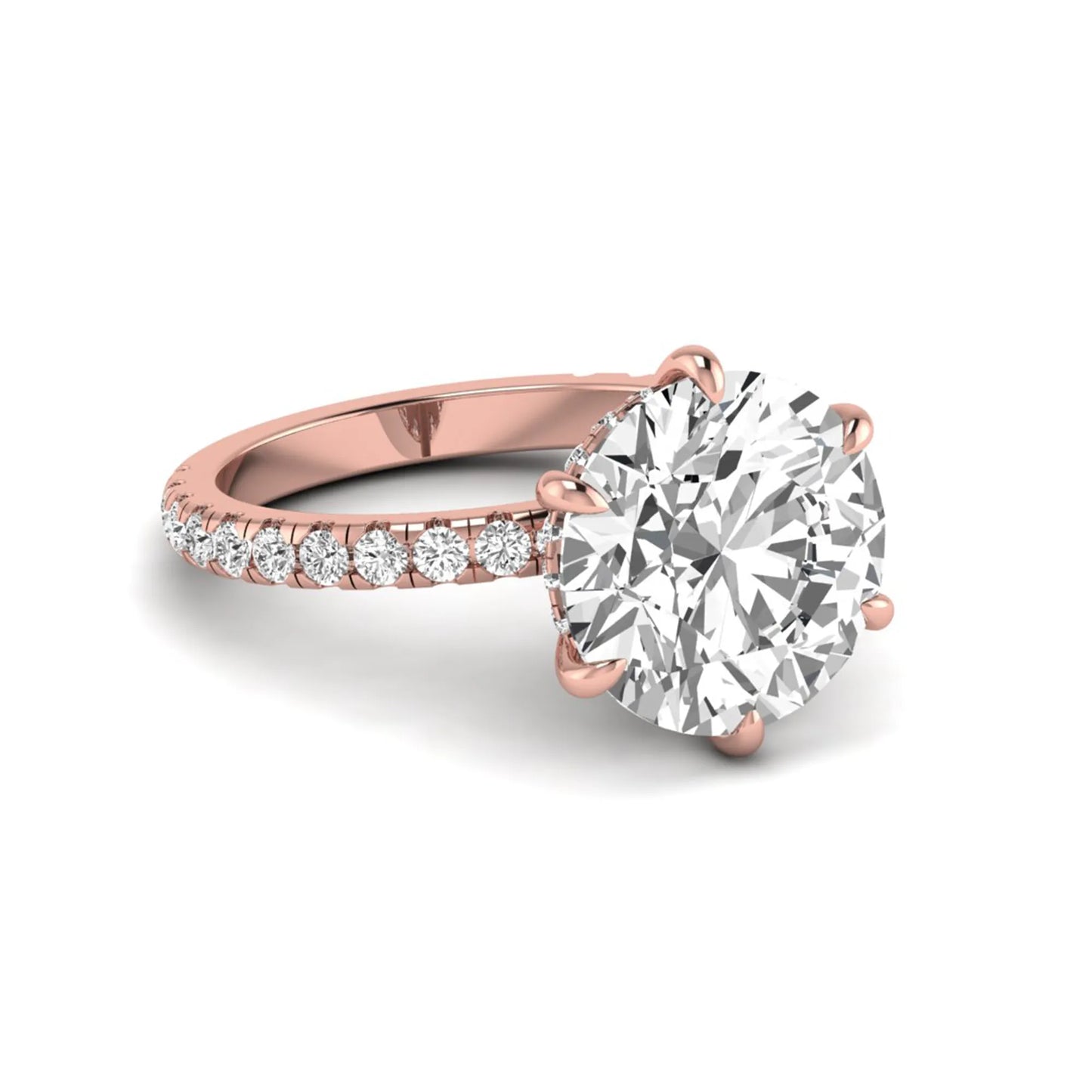 Round cut lab grown diamond solitaire engagement ring with pavé diamond band in rose gold design.