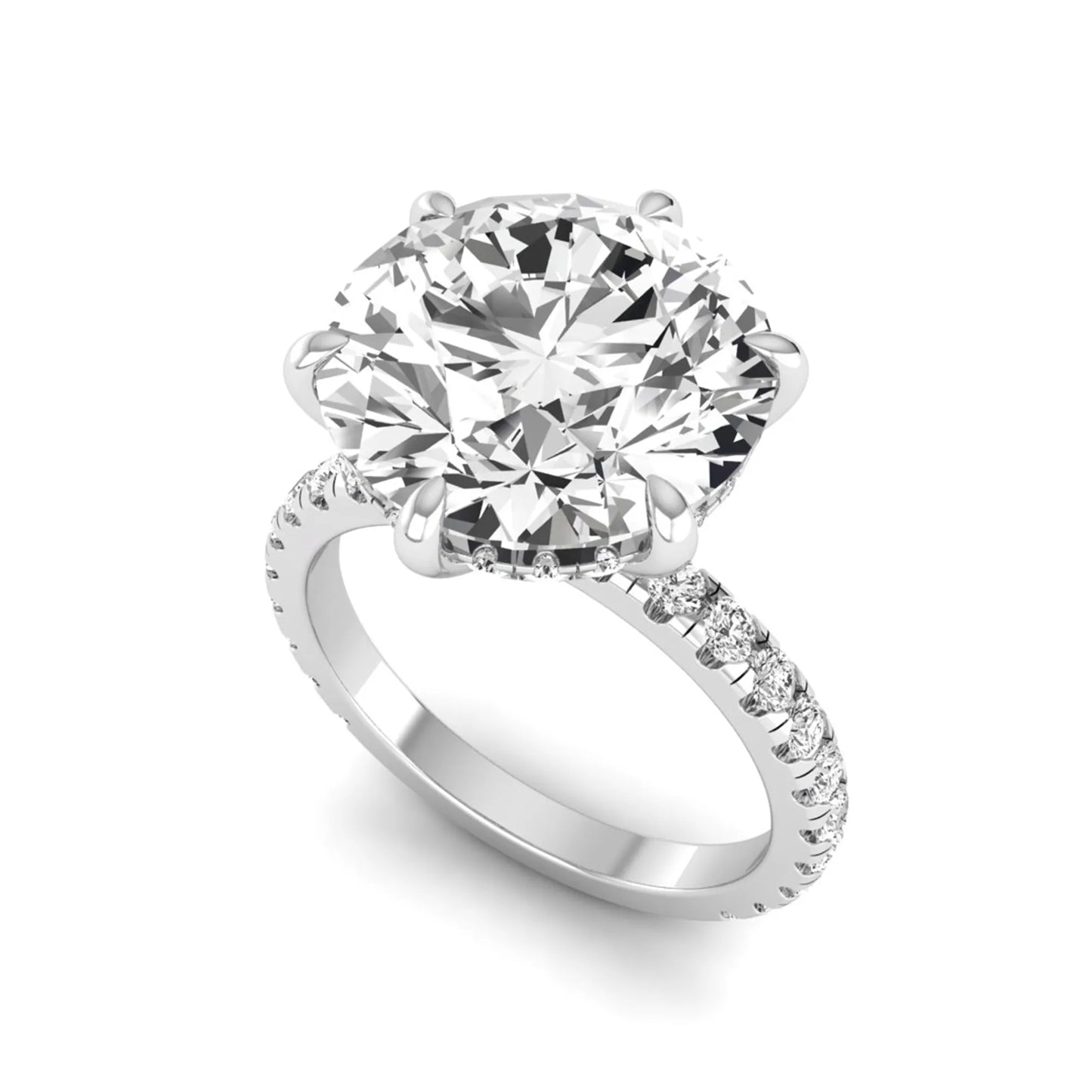 Round cut lab grown diamond solitaire engagement ring with pavé diamond band in white gold design.