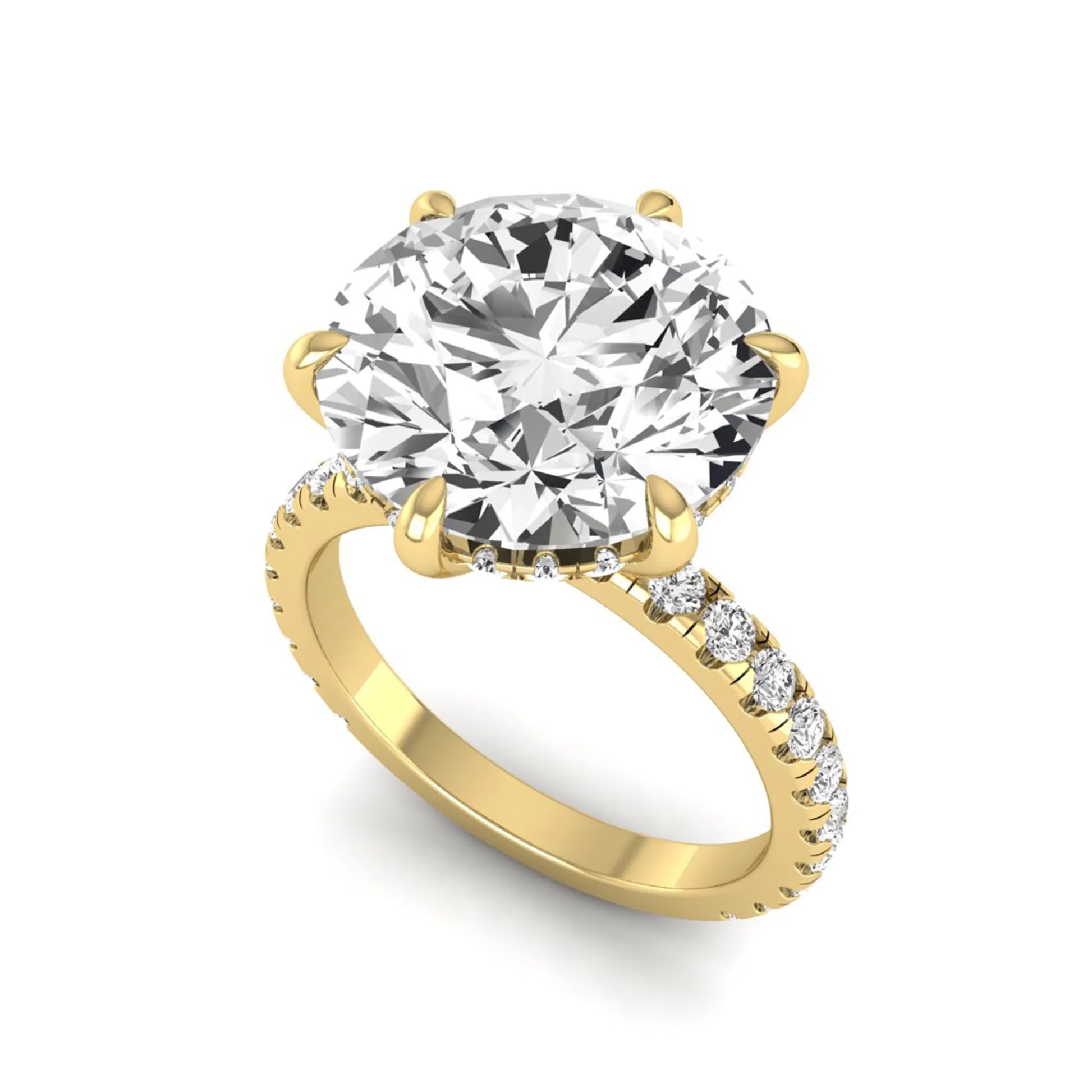 Round cut lab grown diamond solitaire engagement ring with pavé diamond band in yellow gold design.
