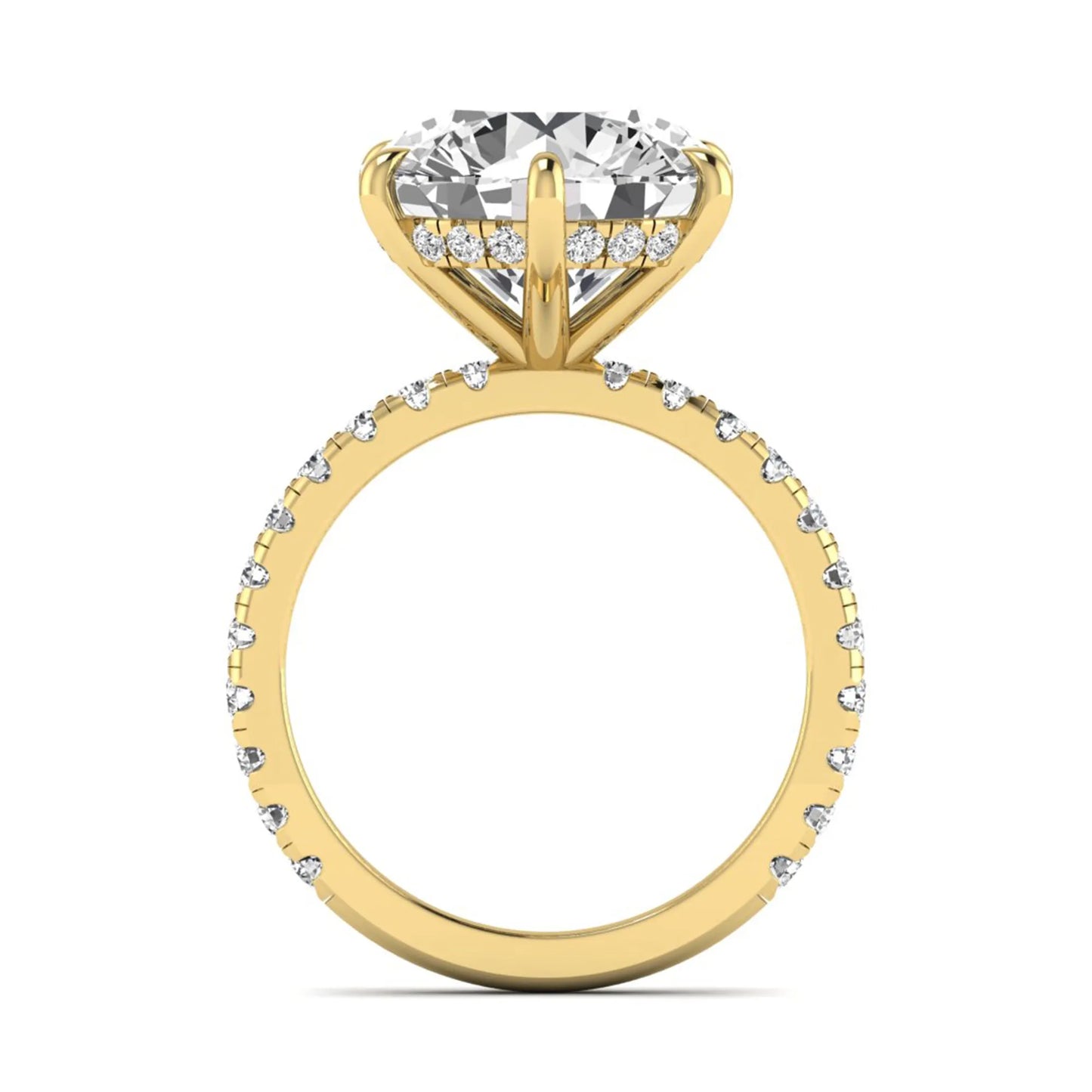 Round cut lab grown diamond solitaire engagement ring with pavé diamond band in yellow gold design.