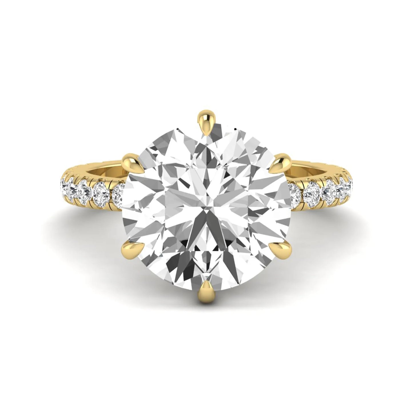 Round cut lab grown diamond solitaire engagement ring with pavé diamond band in yellow gold design.