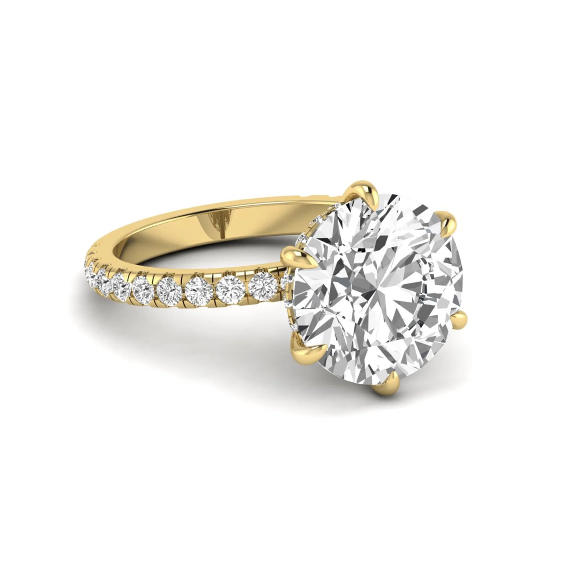Round cut lab grown diamond solitaire engagement ring with pavé diamond band in yellow gold design.