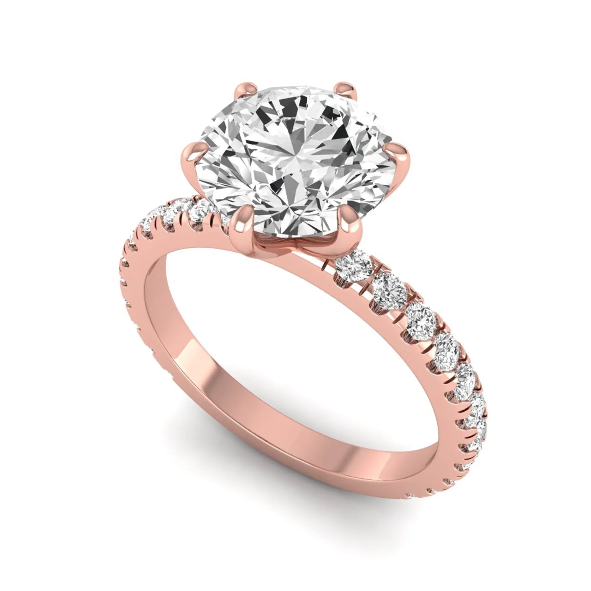 Round cut lab grown diamond solitaire engagement ring with pavé band in rose gold design.
