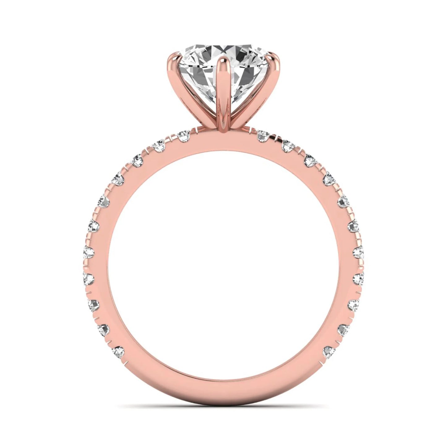 Round cut lab grown diamond solitaire engagement ring with pavé band in rose gold design.