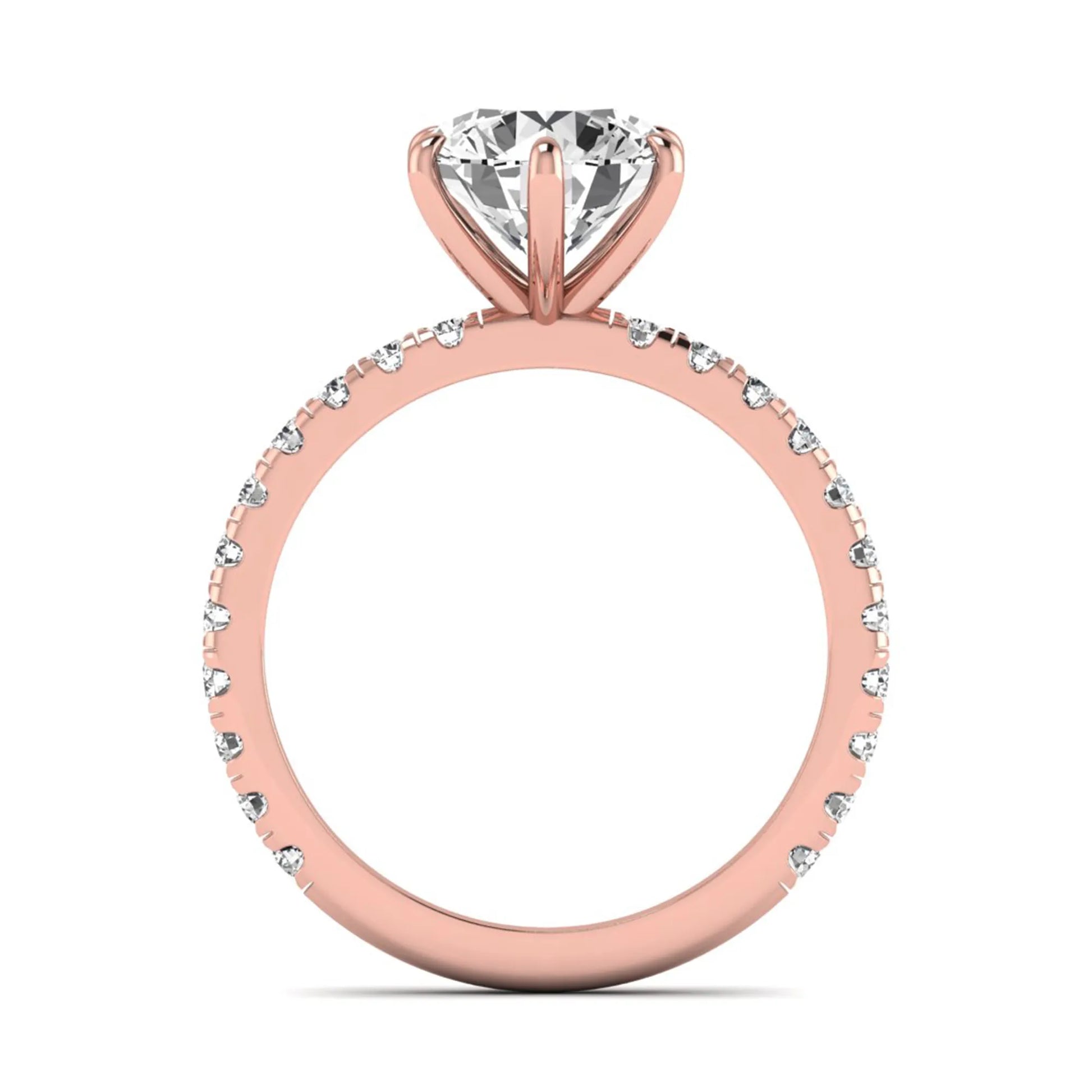 Round cut lab grown diamond solitaire engagement ring with pavé band in rose gold design.
