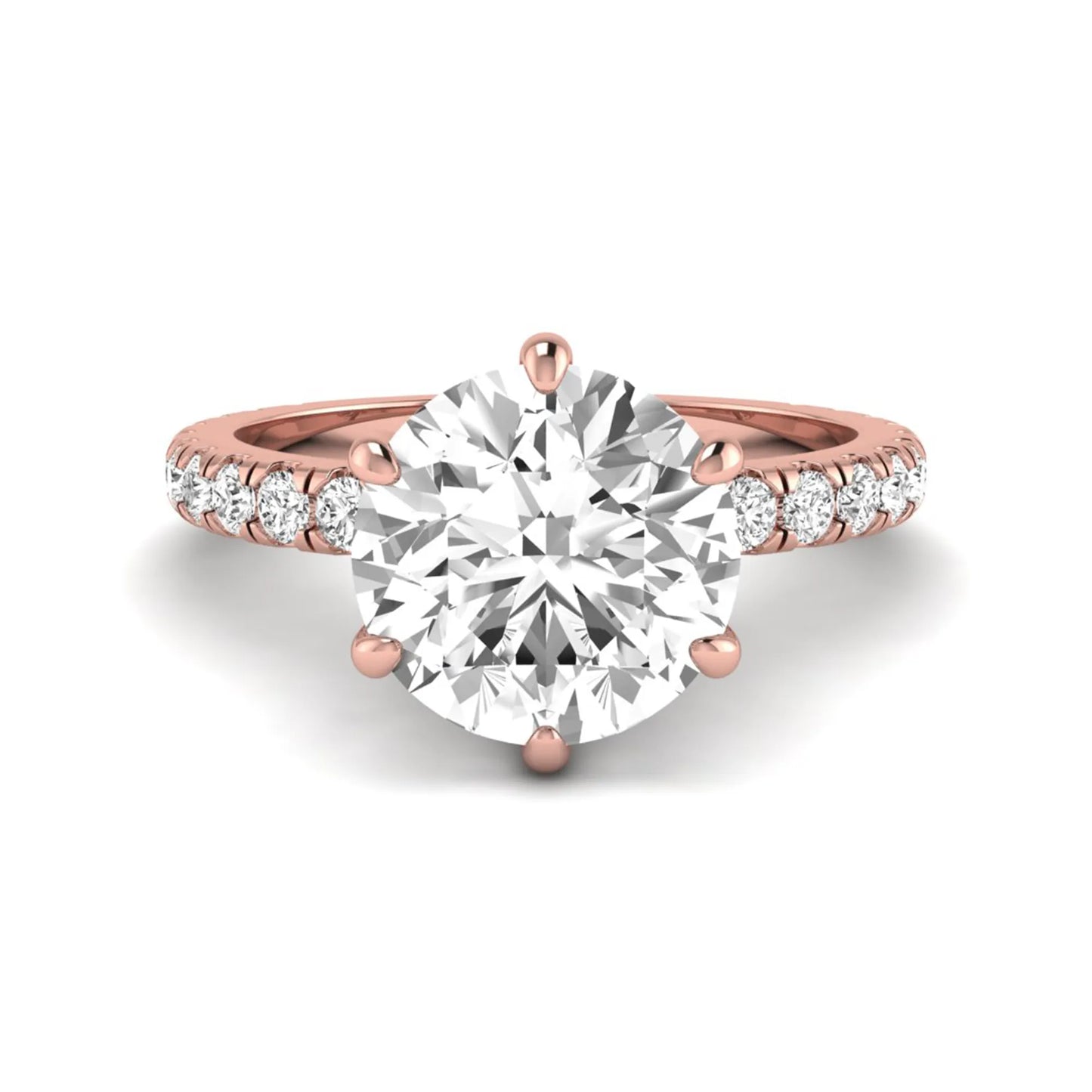 Round cut lab grown diamond solitaire engagement ring with pavé band in rose gold design.