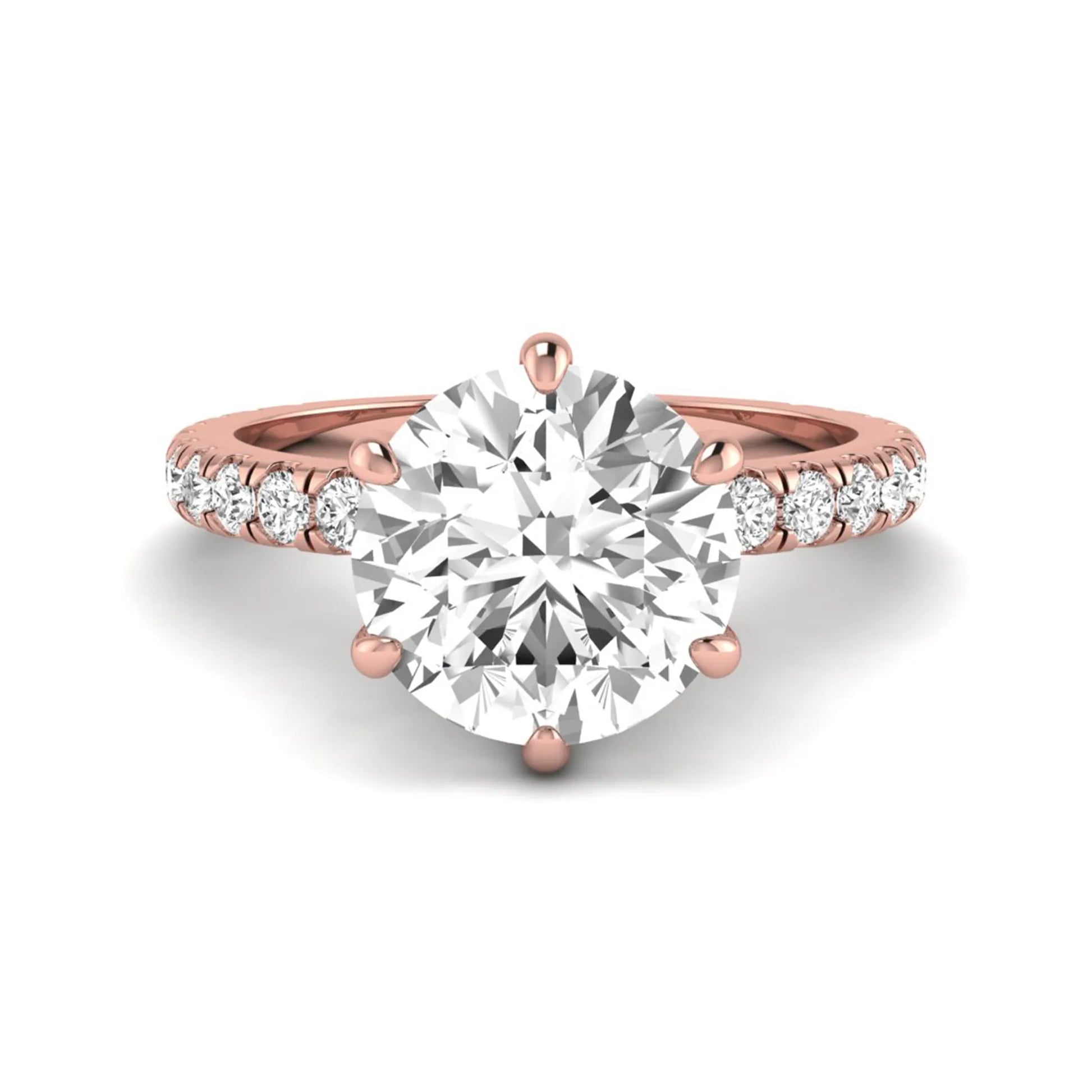 Round cut lab grown diamond solitaire engagement ring with pavé band in rose gold design.