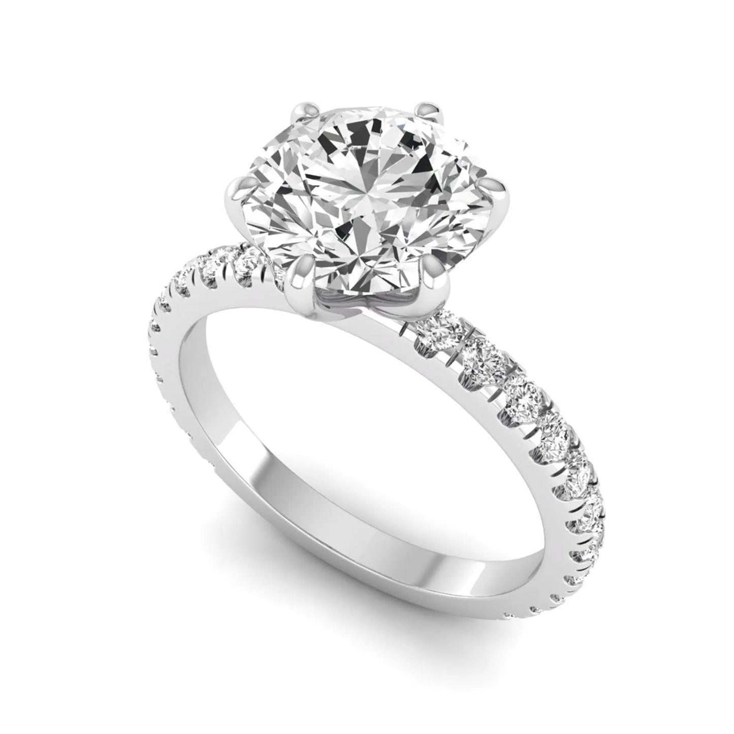 Round cut lab grown diamond solitaire engagement ring with pavé band in white gold design.