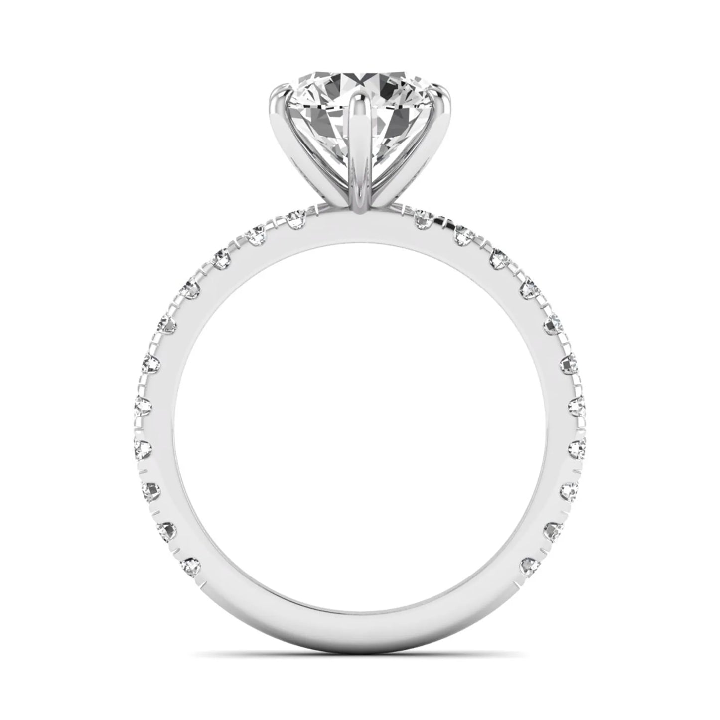 Round cut lab grown diamond solitaire engagement ring with pavé band in white gold design.