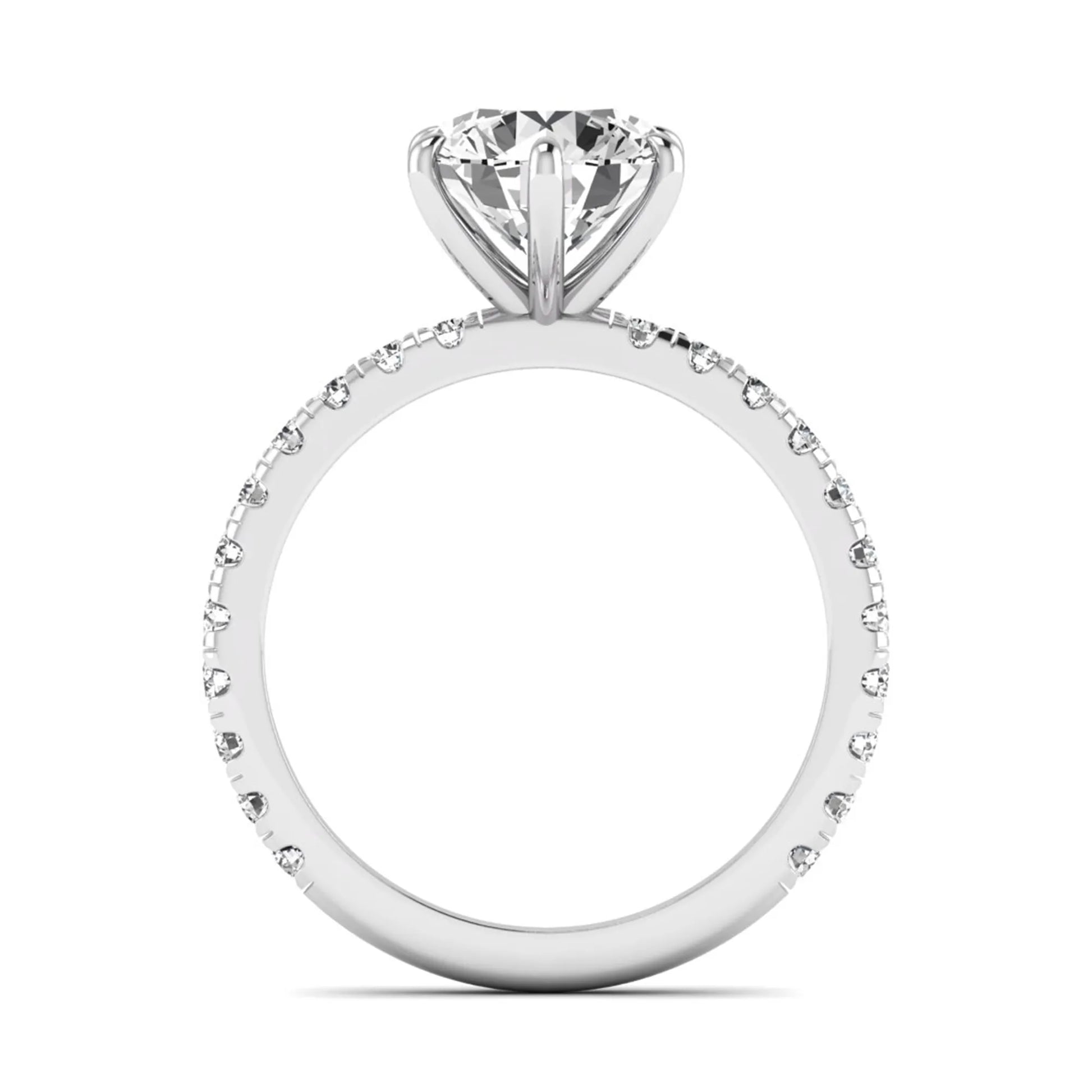 Round cut lab grown diamond solitaire engagement ring with pavé band in white gold design.