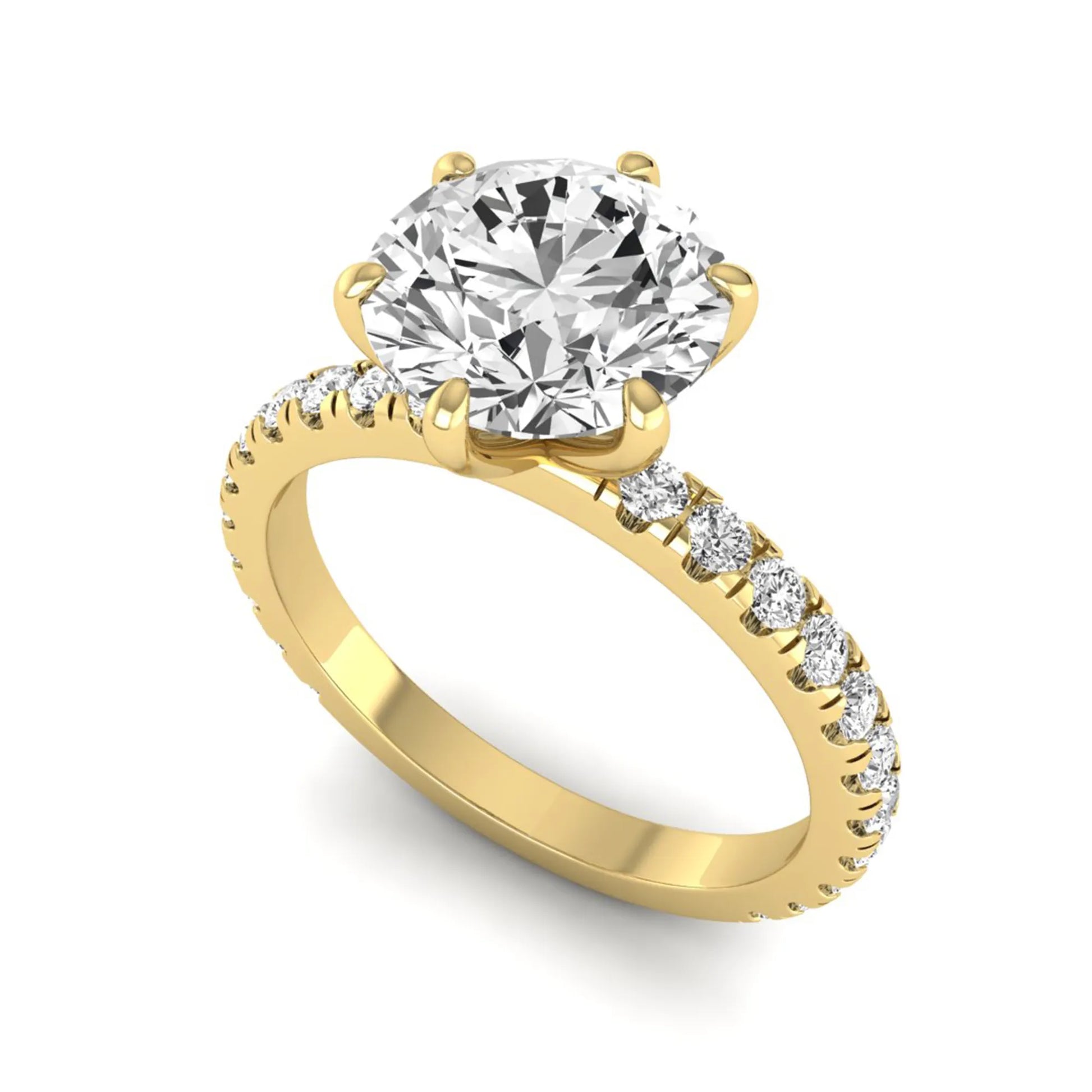 Round cut lab grown diamond solitaire engagement ring with pavé band in yellow gold design.