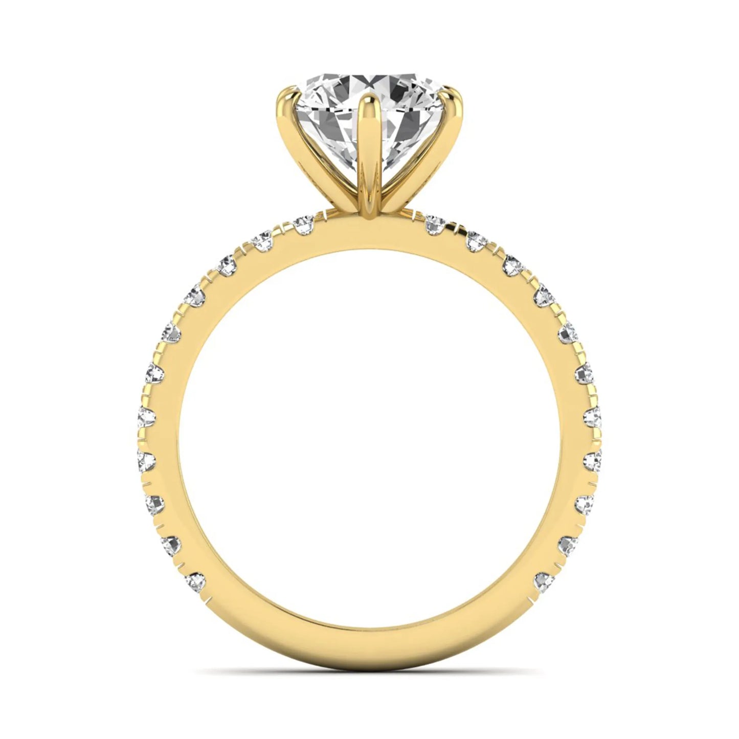 Round cut lab grown diamond solitaire engagement ring with pavé band in yellow gold design.